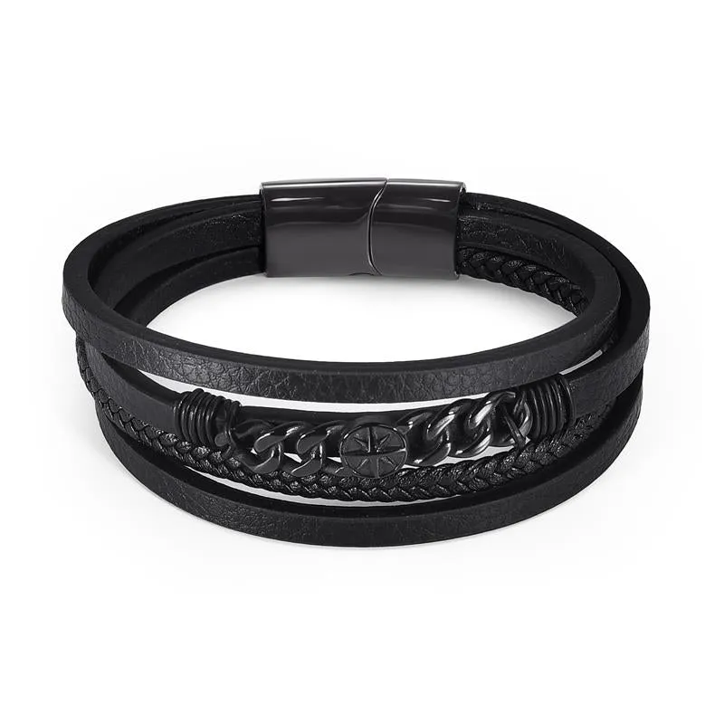 Fashion Stainless Steel Charm Men Bracelet Magnetic Clasp Braided Mutilayer Leather Wrapping Punk Rock Bangles Man Jewelry Gift