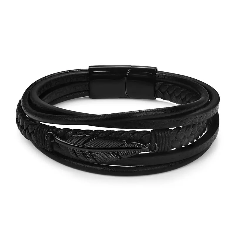 Fashion Stainless Steel Charm Men Bracelet Magnetic Clasp Braided Mutilayer Leather Wrapping Punk Rock Bangles Man Jewelry Gift