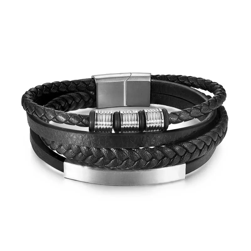 Fashion Stainless Steel Charm Men Bracelet Magnetic Clasp Braided Mutilayer Leather Wrapping Punk Rock Bangles Man Jewelry Gift