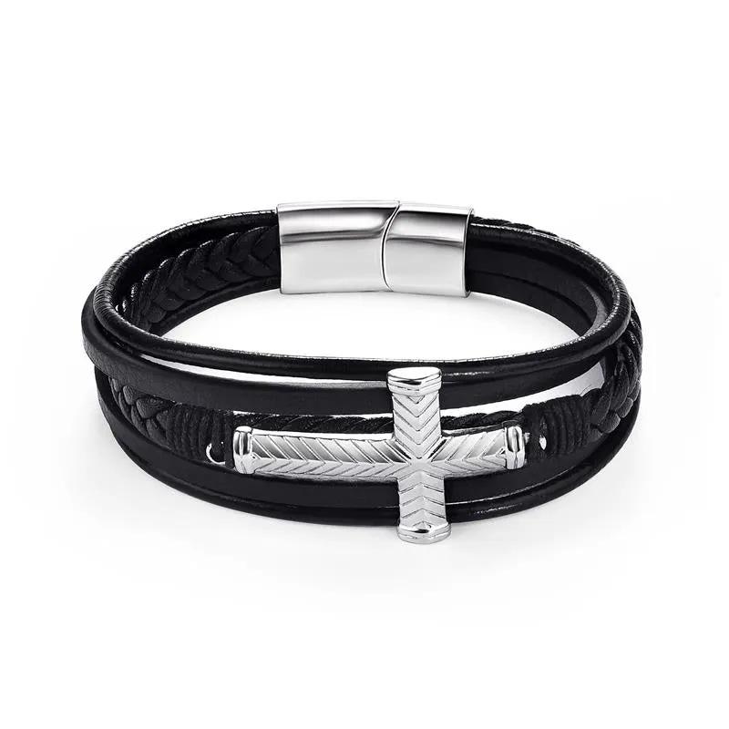 Fashion Stainless Steel Charm Men Bracelet Magnetic Clasp Braided Mutilayer Leather Wrapping Punk Rock Bangles Man Jewelry Gift