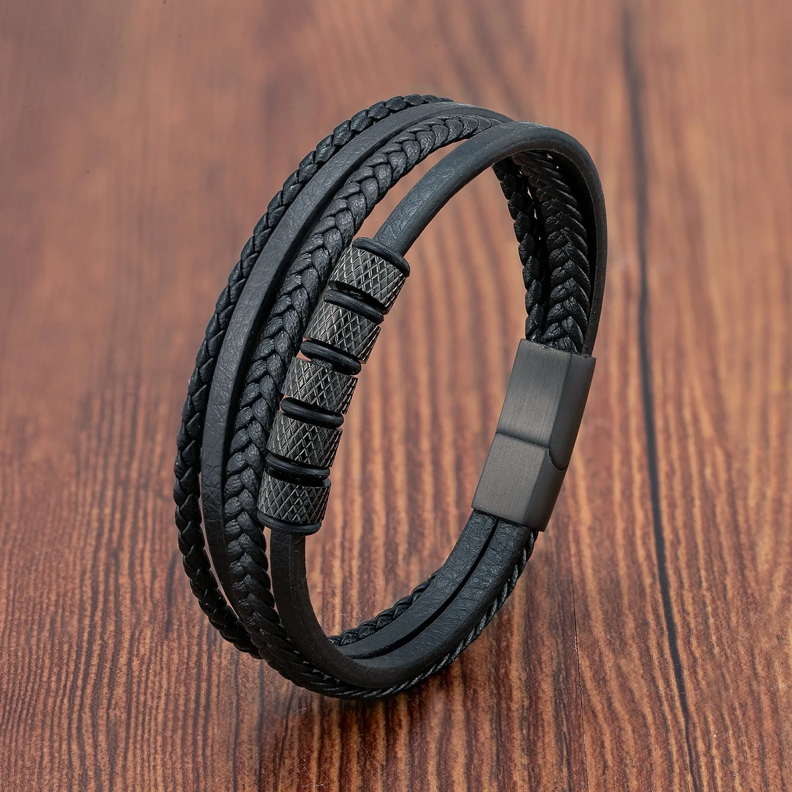 Fashion Stainless Steel Charm Men Bracelet Magnetic Clasp Braided Mutilayer Leather Wrapping Punk Rock Bangles Man Jewelry Gift