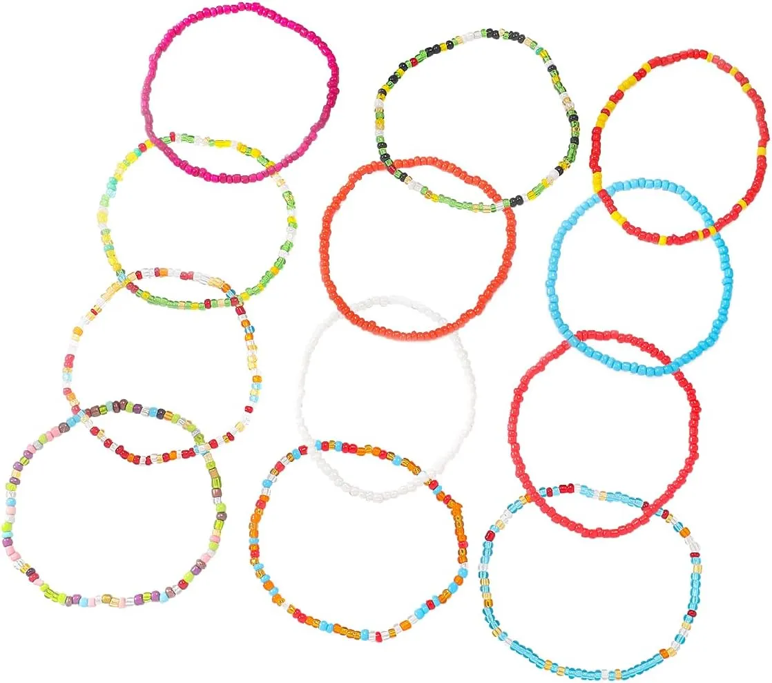 Ferrendo 12 Pack Layered Beaded Anklet Bracelet Set Colorful Beads Elastic Foot Chains Ankle Chain Set Beach Bikini Jewelry for Women