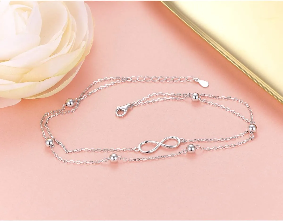 FLYOW Anklet for Women S925 Sterling Silver Adjustable Foot Beaded Heart Charm Ankle Bracelet Anklets Jewelry