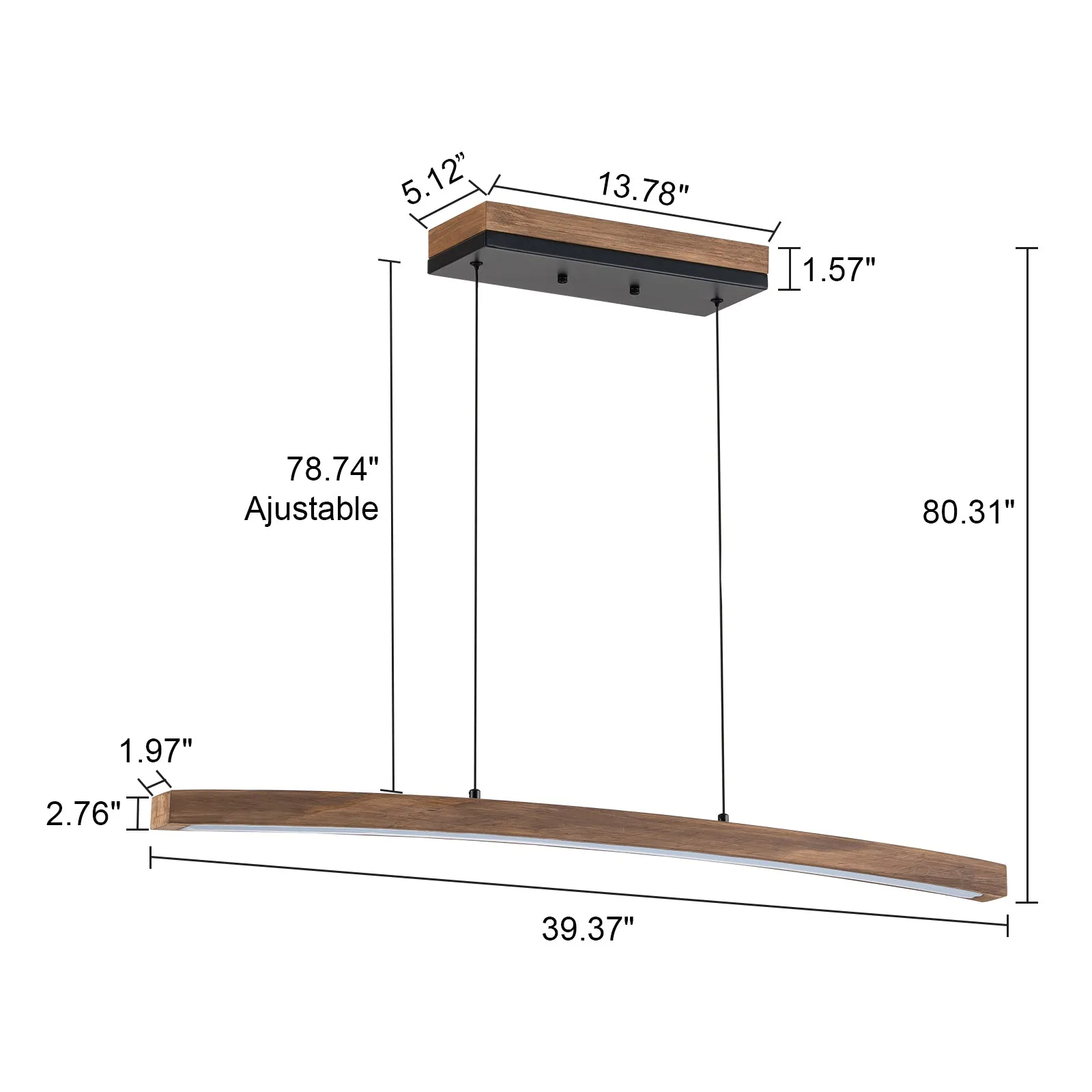 Glowlings 1-Light Minimalist 39“Wide Curved LED Linear Wooden Pendant Light Kitchen Island Light
