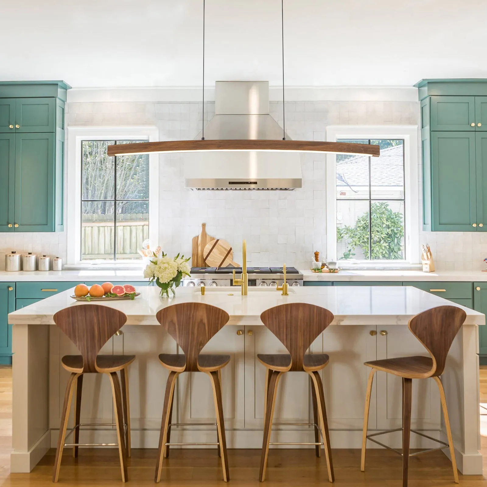 Glowlings 1-Light Minimalist 39“Wide Curved LED Linear Wooden Pendant Light Kitchen Island Light