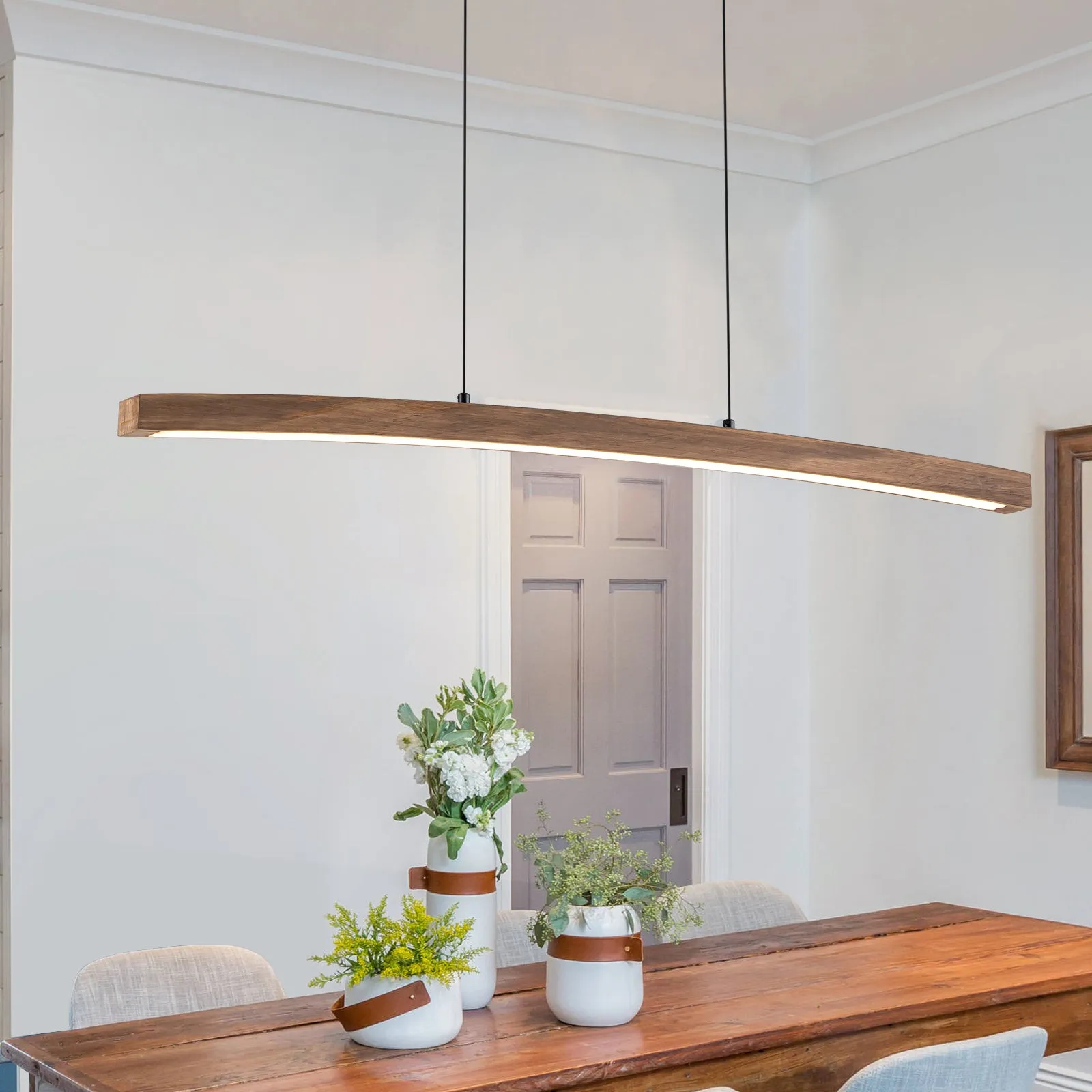 Glowlings 1-Light Minimalist 39“Wide Curved LED Linear Wooden Pendant Light Kitchen Island Light