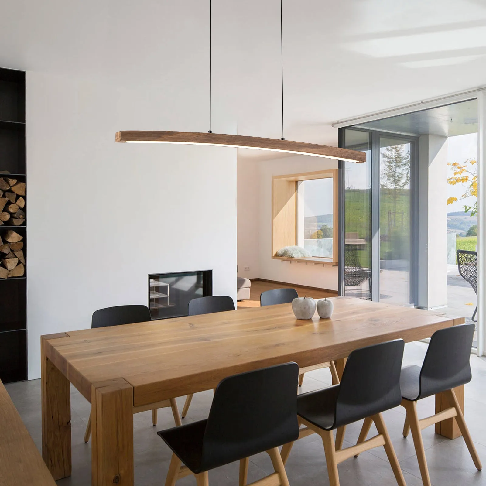 Glowlings 1-Light Minimalist 39“Wide Curved LED Linear Wooden Pendant Light Kitchen Island Light