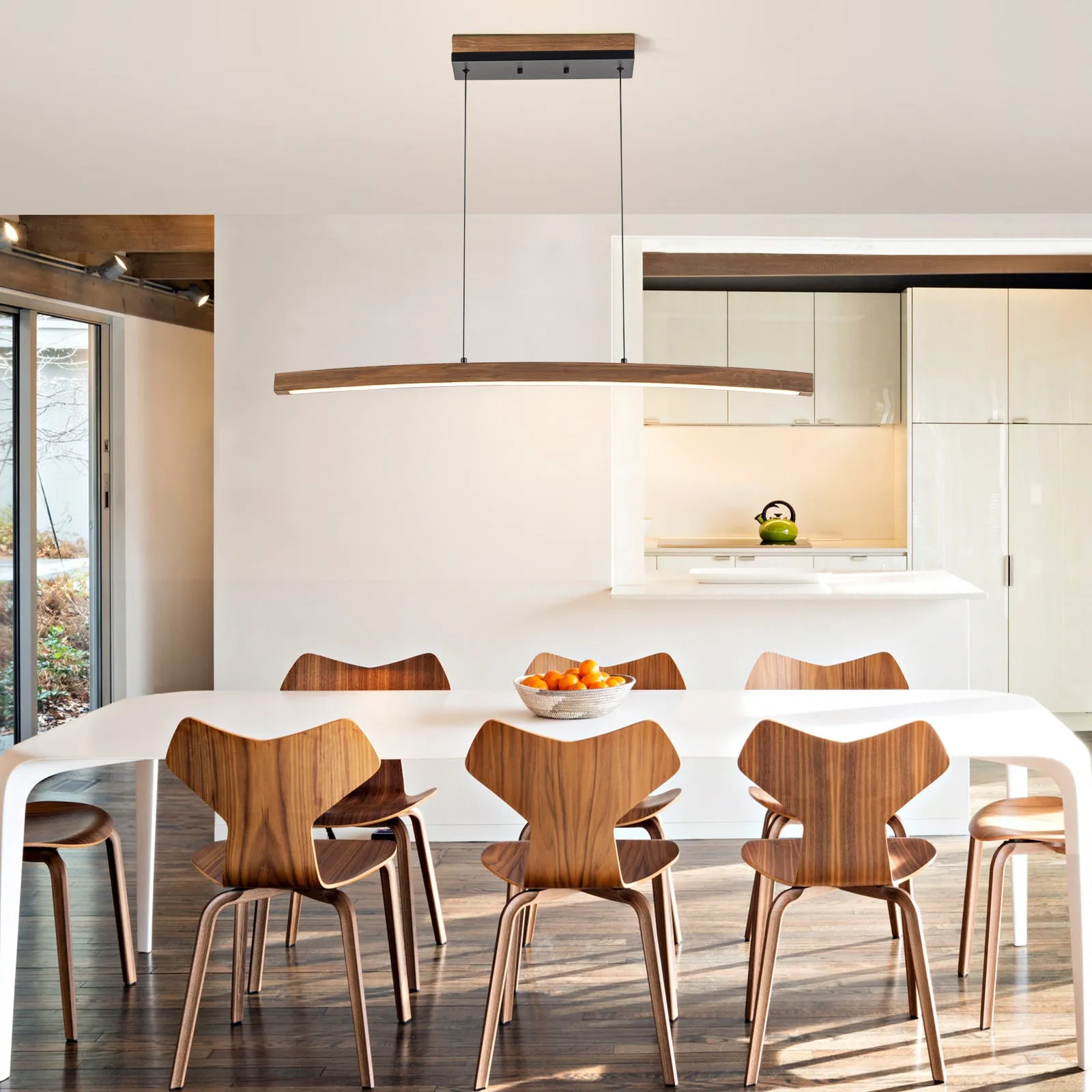 Glowlings 1-Light Minimalist 39“Wide Curved LED Linear Wooden Pendant Light Kitchen Island Light
