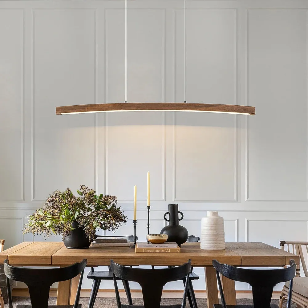 Glowlings 1-Light Minimalist 39“Wide Curved LED Linear Wooden Pendant Light Kitchen Island Light