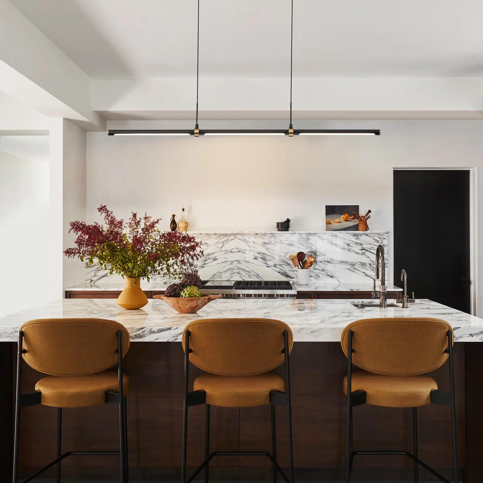 Glowlings 3-Light Minimalist 48"Wide Matte Black LED Linear Pendant Light Island Light