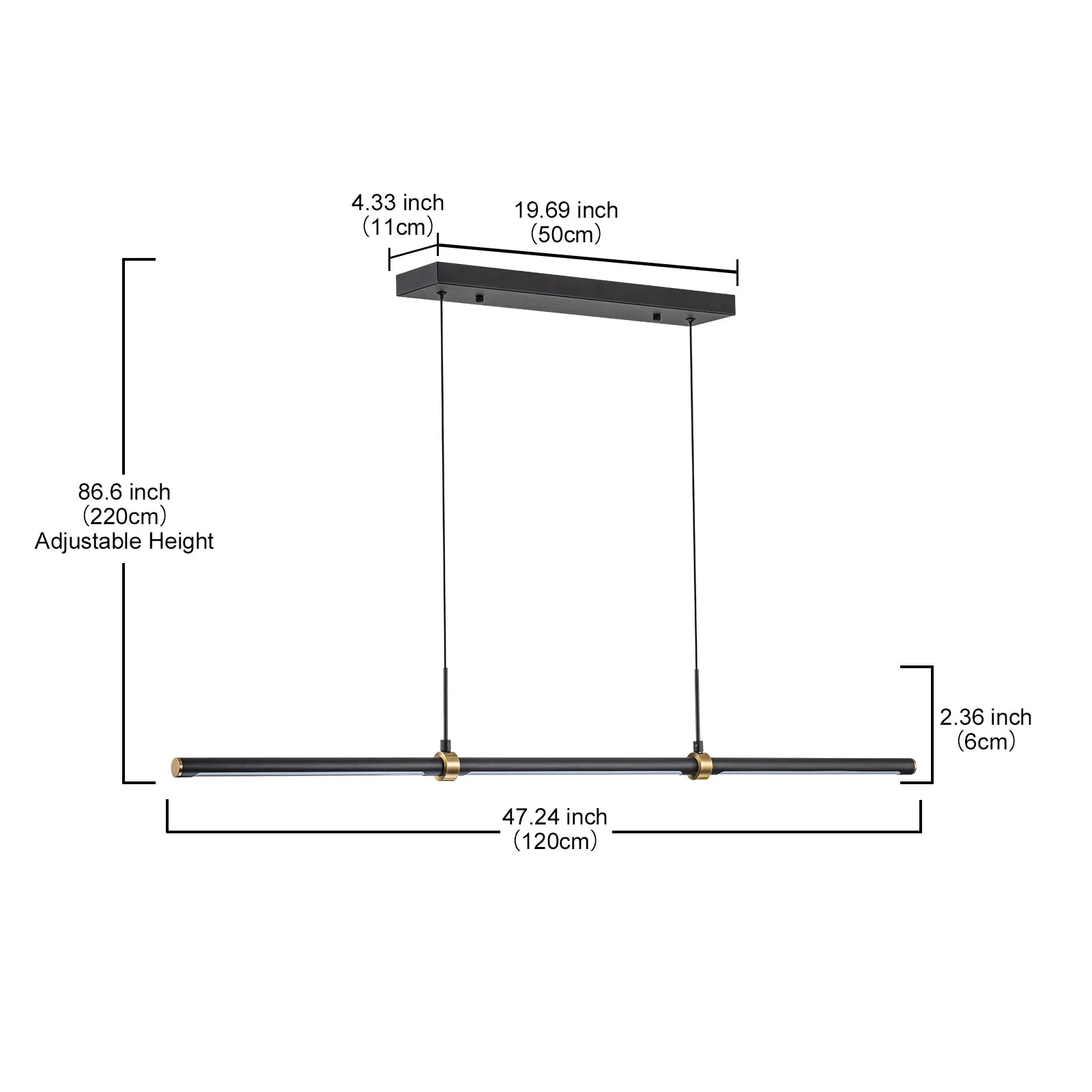 Glowlings 3-Light Minimalist 48"Wide Matte Black LED Linear Pendant Light Island Light