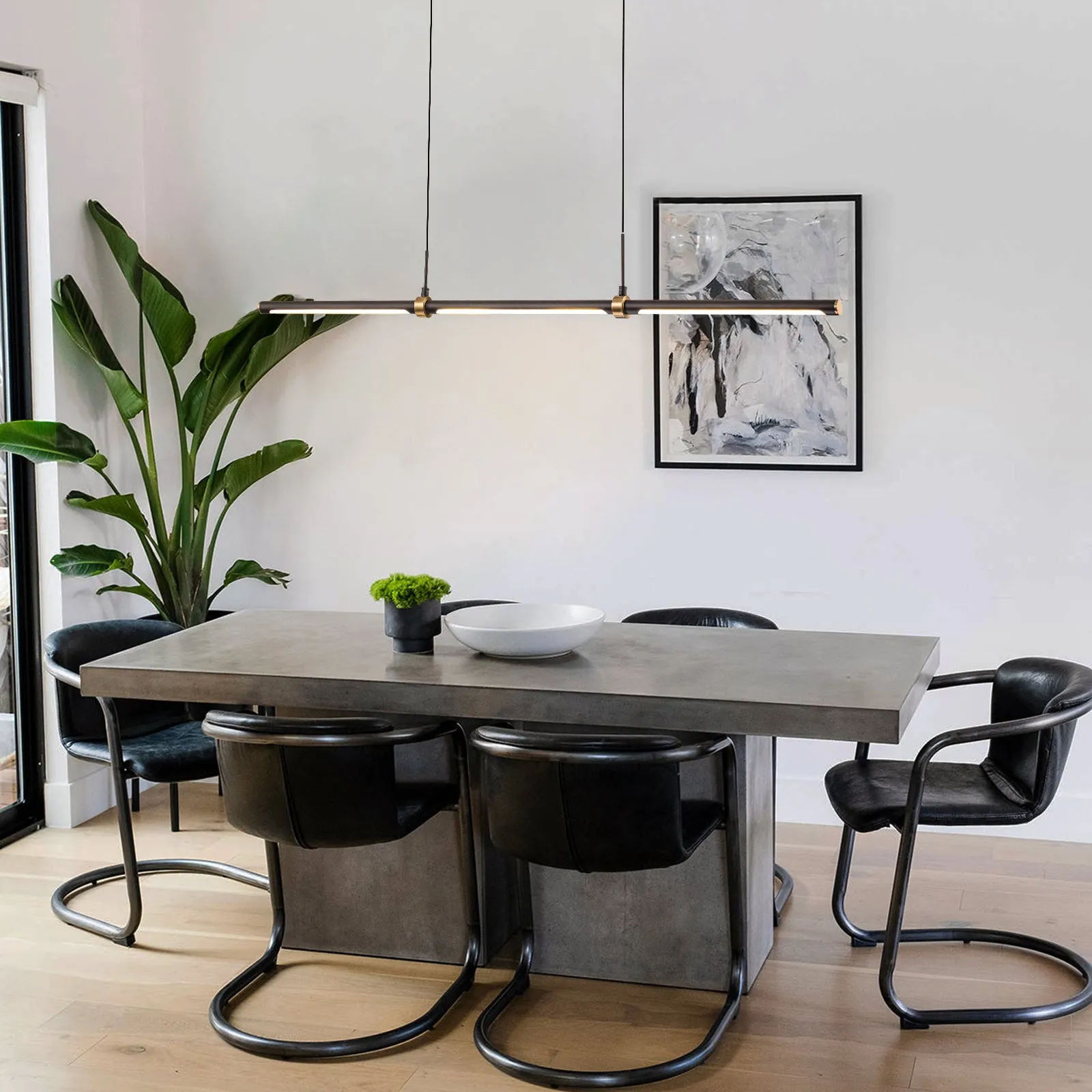 Glowlings 3-Light Minimalist 48"Wide Matte Black LED Linear Pendant Light Island Light
