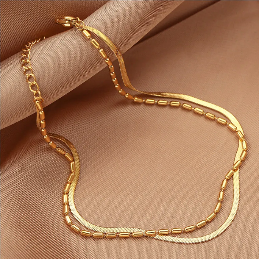 Gold Color 2 Layer Beaded Choker Snake Bone Chains Anklets