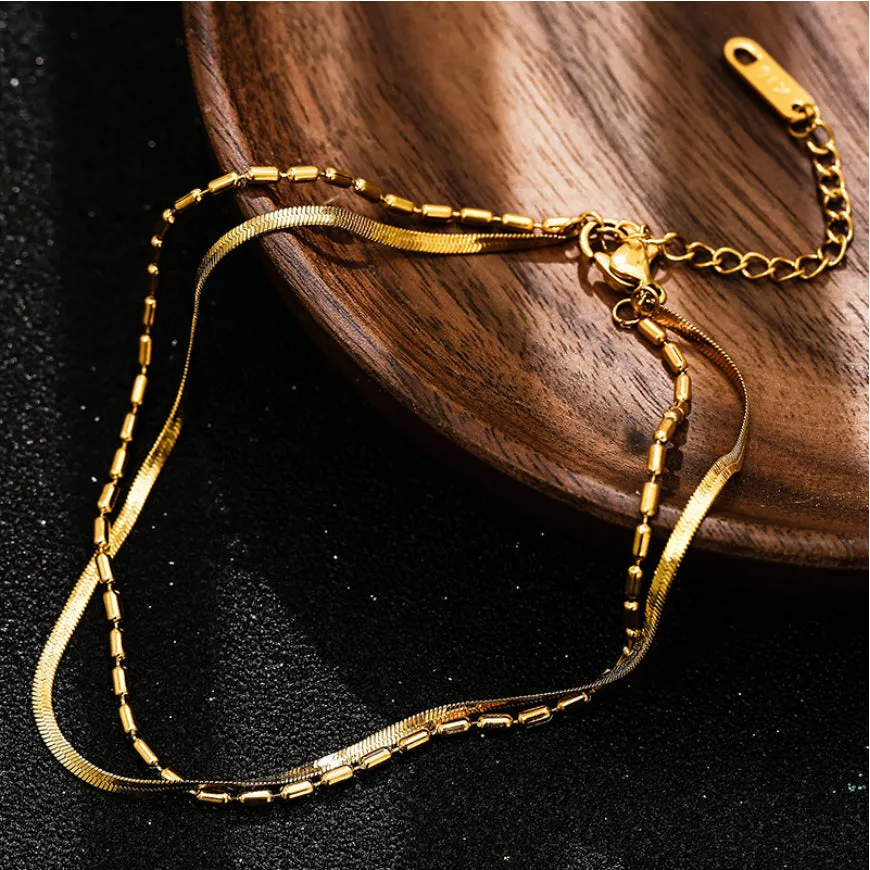 Gold Color 2 Layer Beaded Choker Snake Bone Chains Anklets
