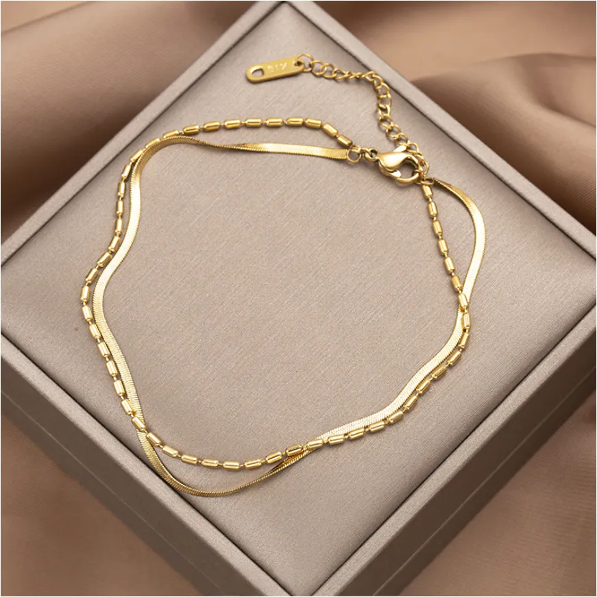 Gold Color 2 Layer Beaded Choker Snake Bone Chains Anklets