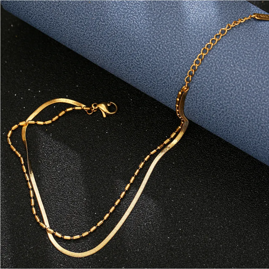 Gold Color 2 Layer Beaded Choker Snake Bone Chains Anklets