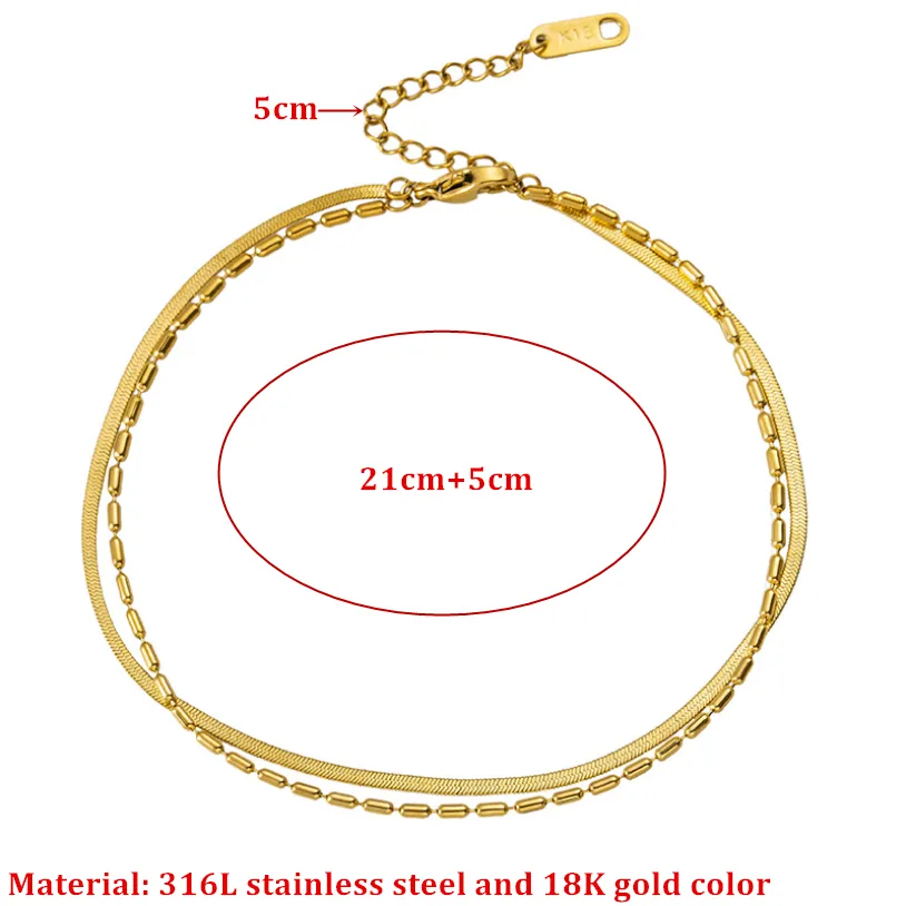 Gold Color 2 Layer Beaded Choker Snake Bone Chains Anklets