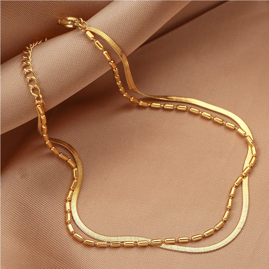 Gold Color 2 Layer Beaded Choker Snake Bone Chains Anklets