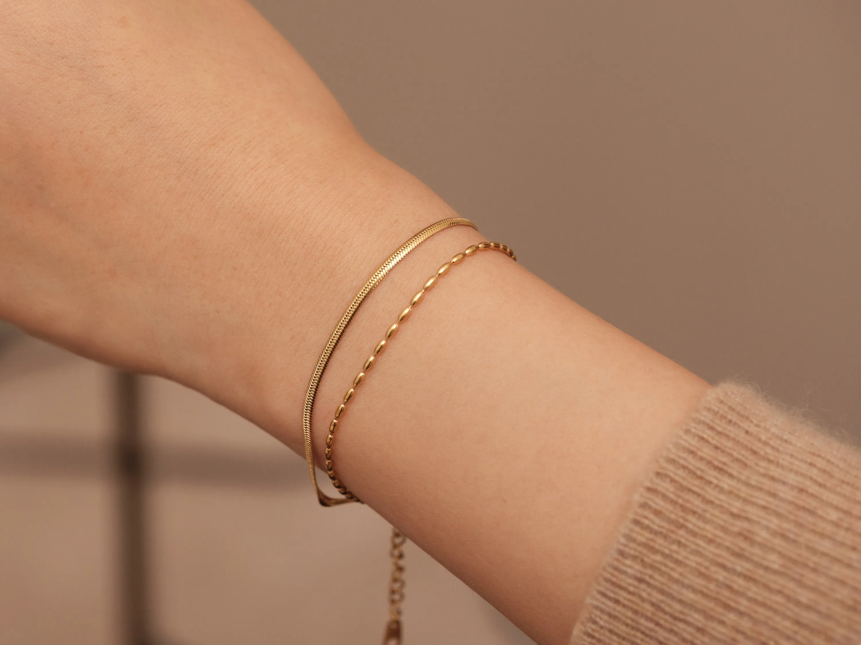 Gold Double Layer Bracelet, Double Herringbone Bracelet, Gold 2 Layer Bracelet, Beaded Bracelet, Waterproof, Double Snake Chain Bracelet
