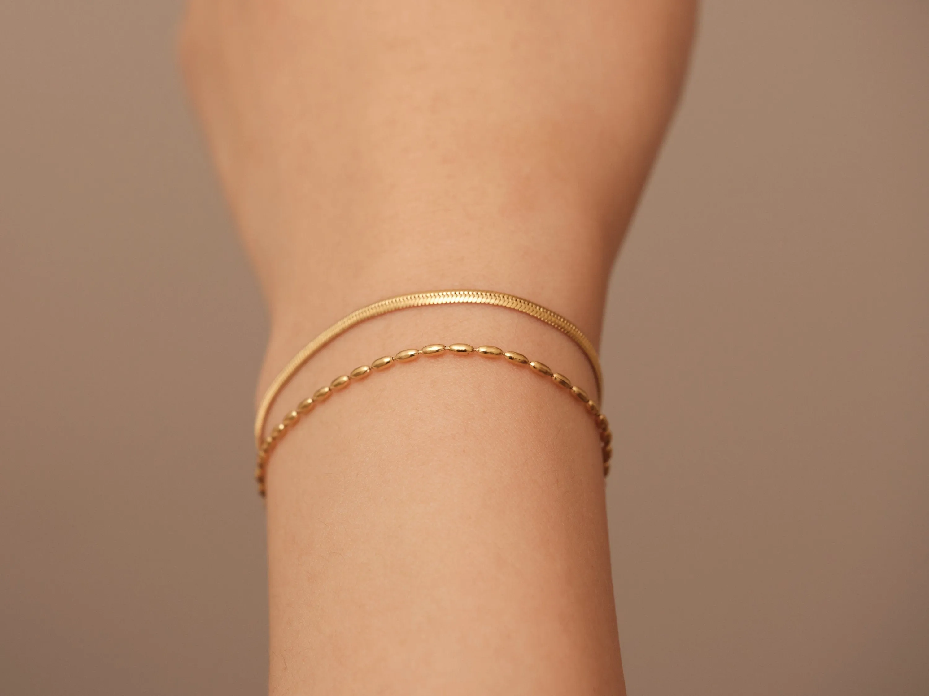 Gold Double Layer Bracelet, Double Herringbone Bracelet, Gold 2 Layer Bracelet, Beaded Bracelet, Waterproof, Double Snake Chain Bracelet