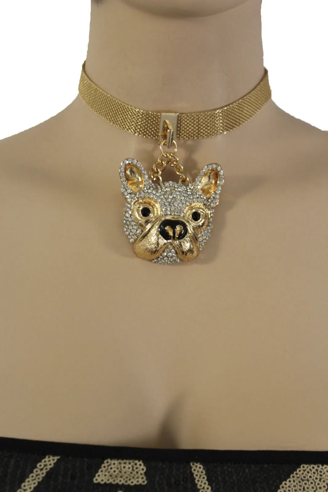 Gold Mesh Metal Charm Dog Pet Pendant Choker Necklace Hip Hop Sexy