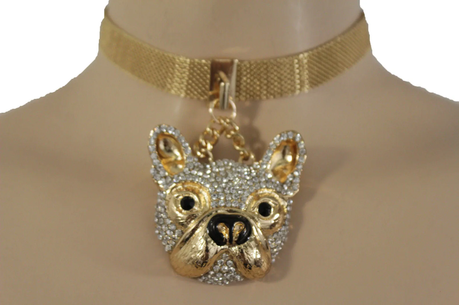 Gold Mesh Metal Charm Dog Pet Pendant Choker Necklace Hip Hop Sexy