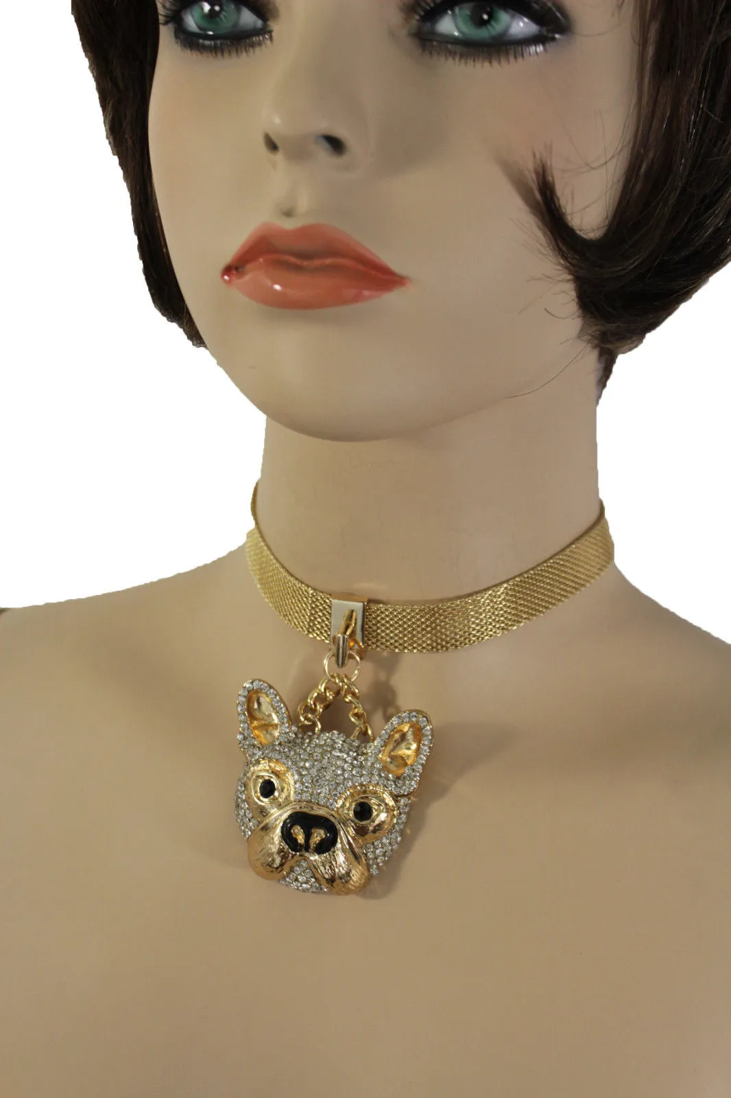 Gold Mesh Metal Charm Dog Pet Pendant Choker Necklace Hip Hop Sexy