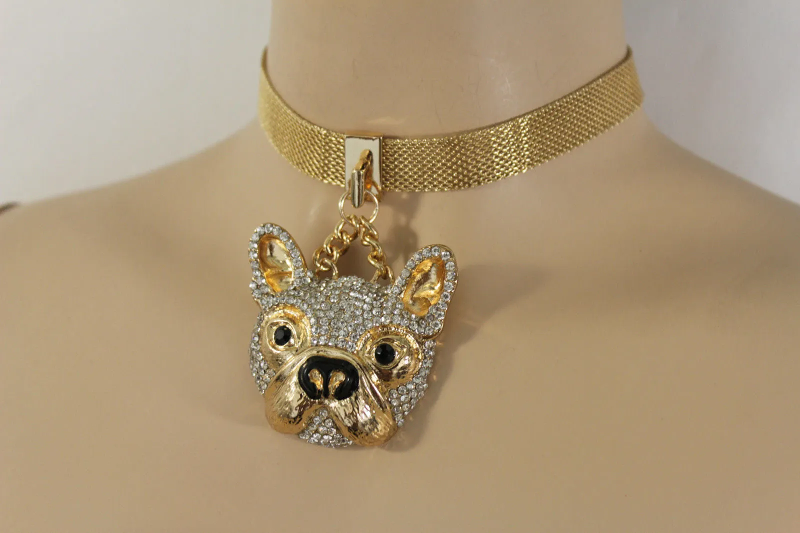 Gold Mesh Metal Charm Dog Pet Pendant Choker Necklace Hip Hop Sexy
