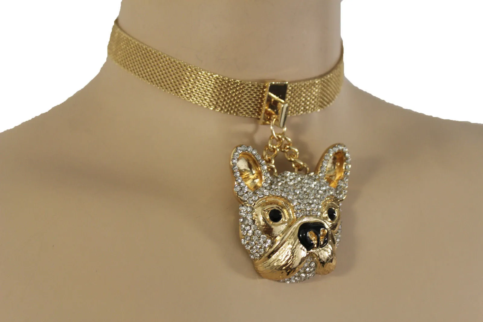 Gold Mesh Metal Charm Dog Pet Pendant Choker Necklace Hip Hop Sexy