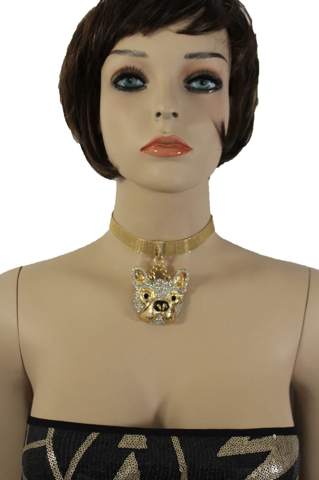 Gold Mesh Metal Charm Dog Pet Pendant Choker Necklace Hip Hop Sexy