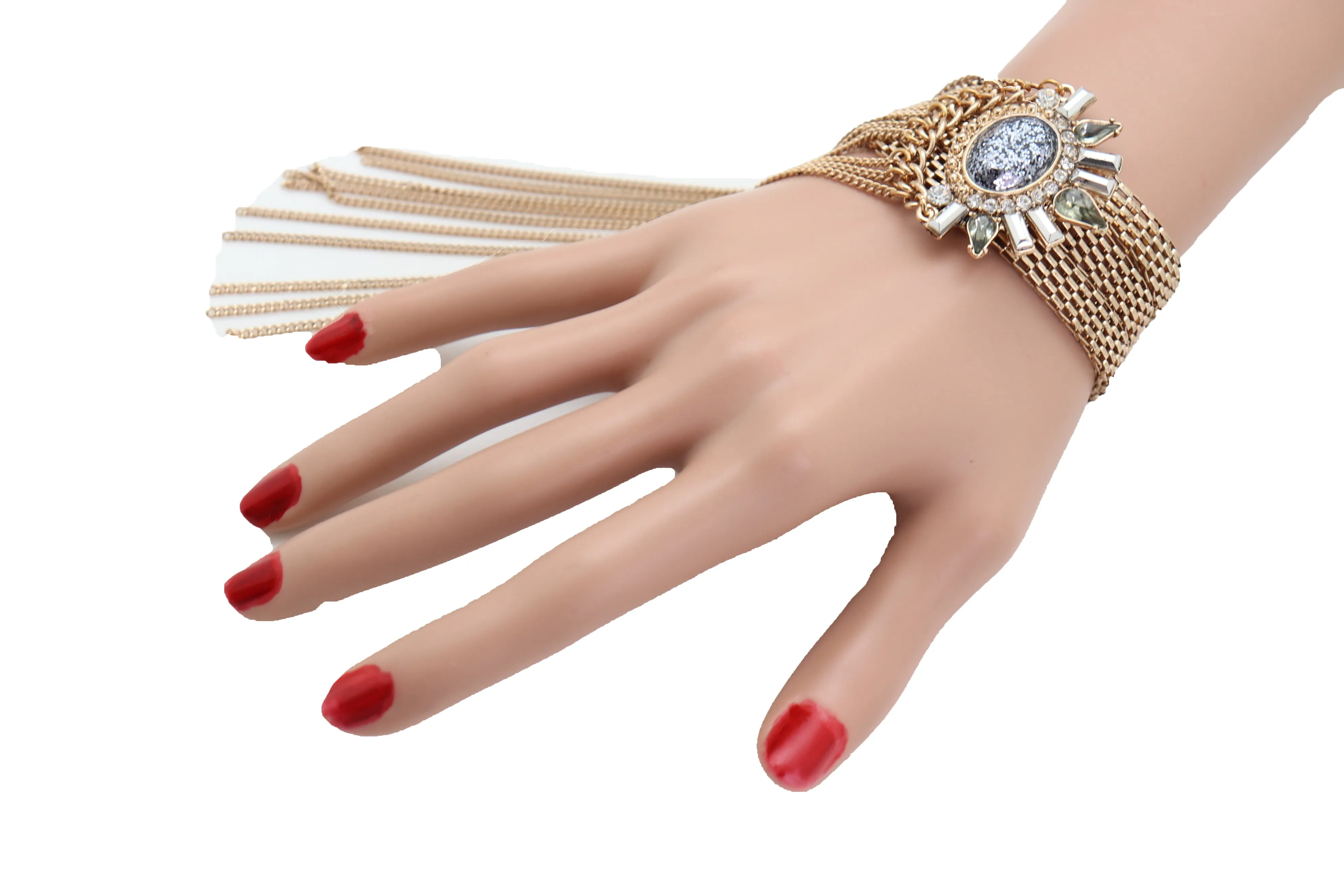 Gold Metal Chain Links Long Tassel Bracelet Silver Sun Bling Beads Jewelry