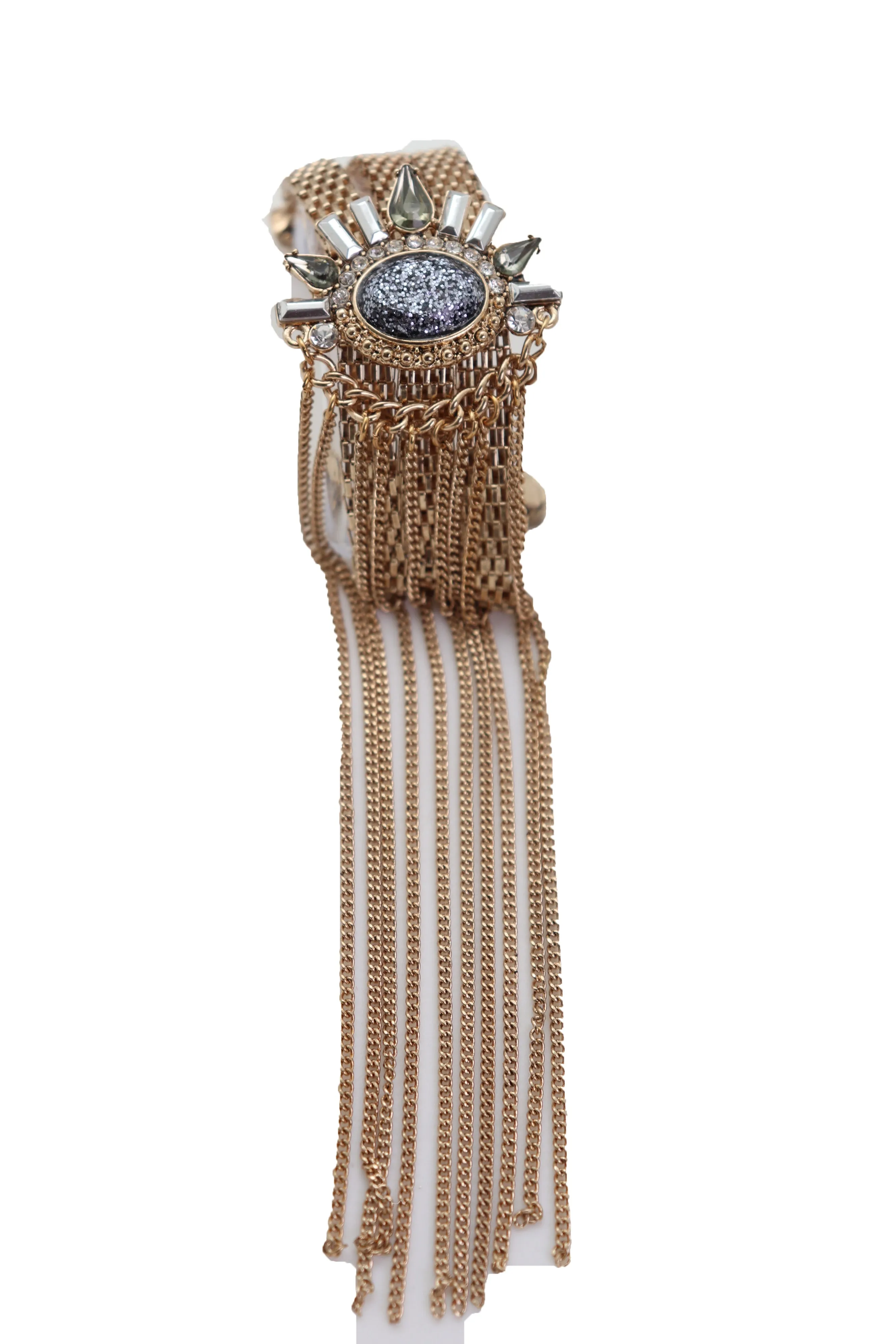 Gold Metal Chain Links Long Tassel Bracelet Silver Sun Bling Beads Jewelry