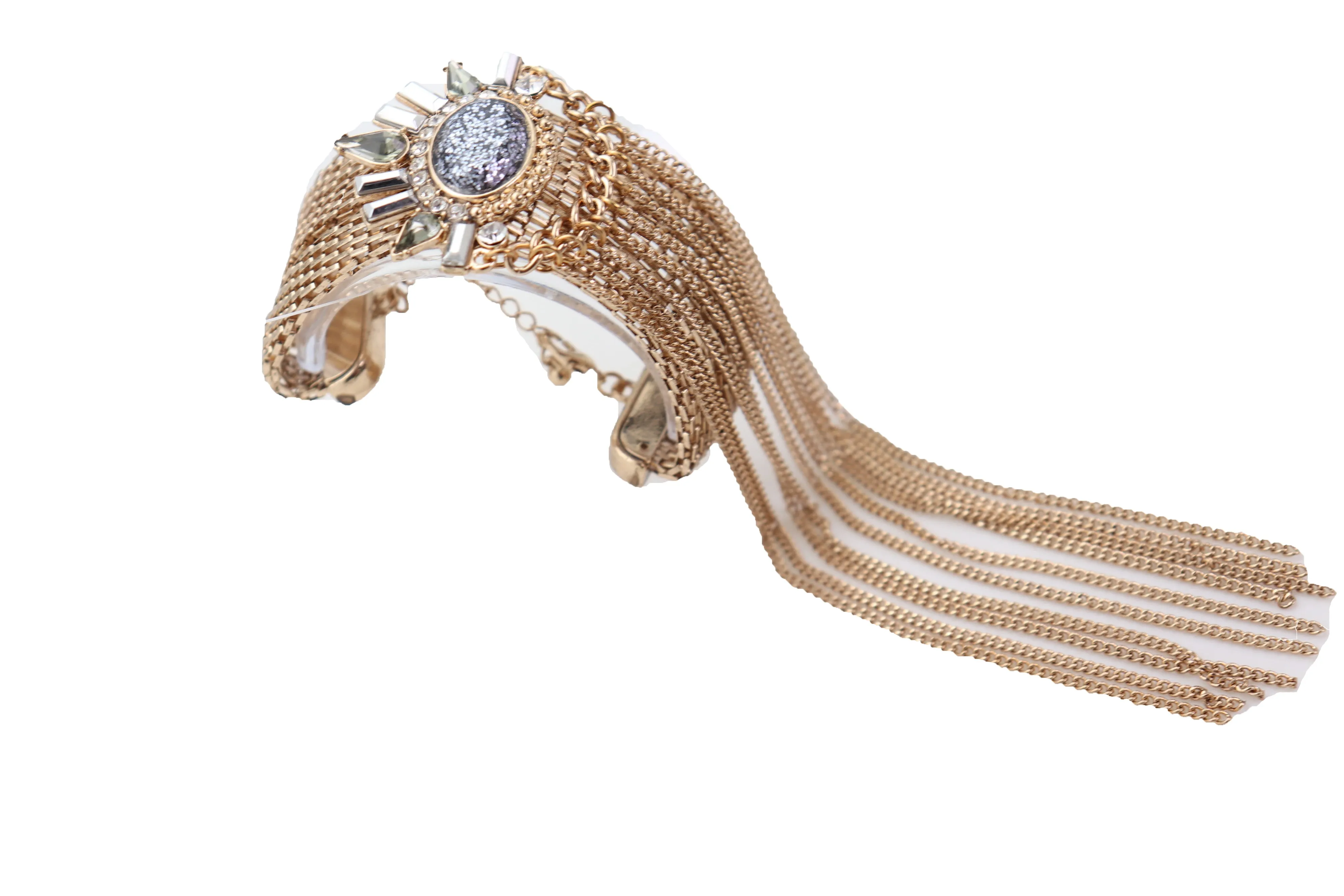 Gold Metal Chain Links Long Tassel Bracelet Silver Sun Bling Beads Jewelry