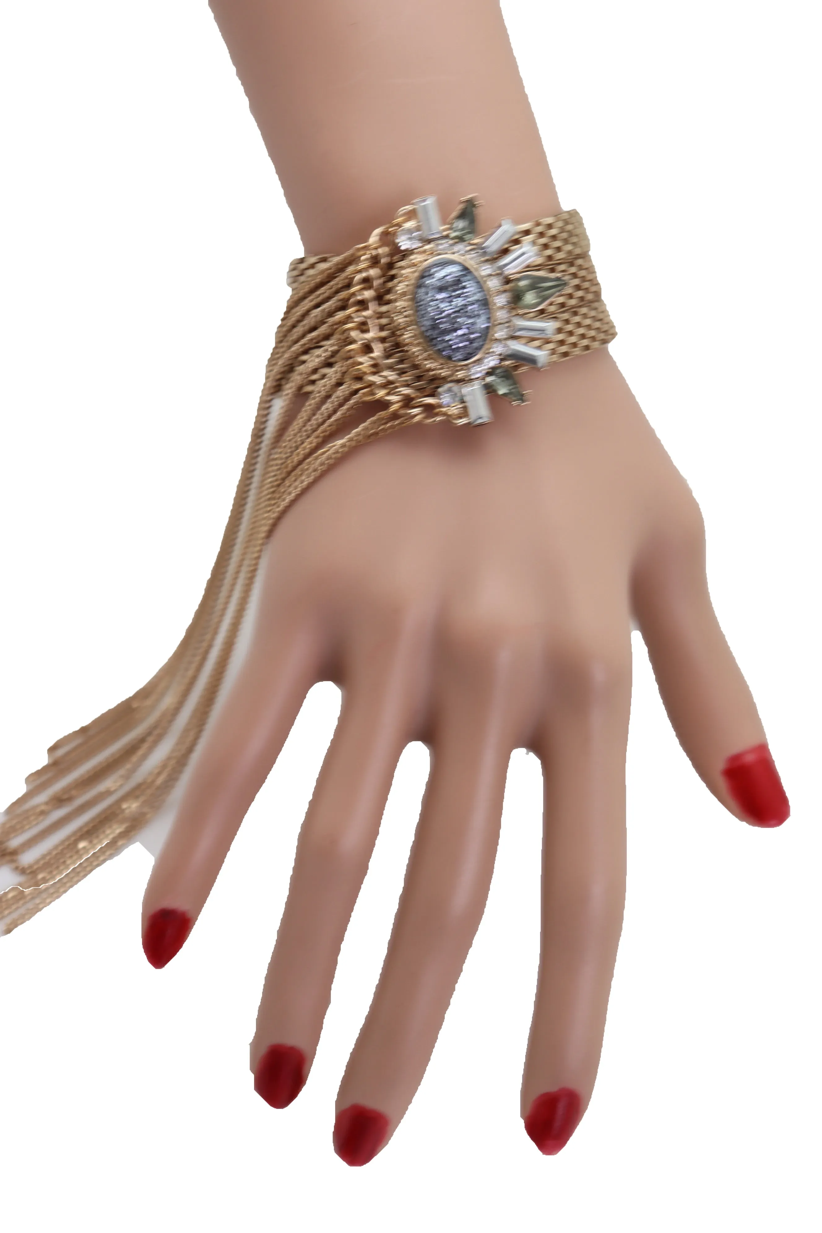 Gold Metal Chain Links Long Tassel Bracelet Silver Sun Bling Beads Jewelry