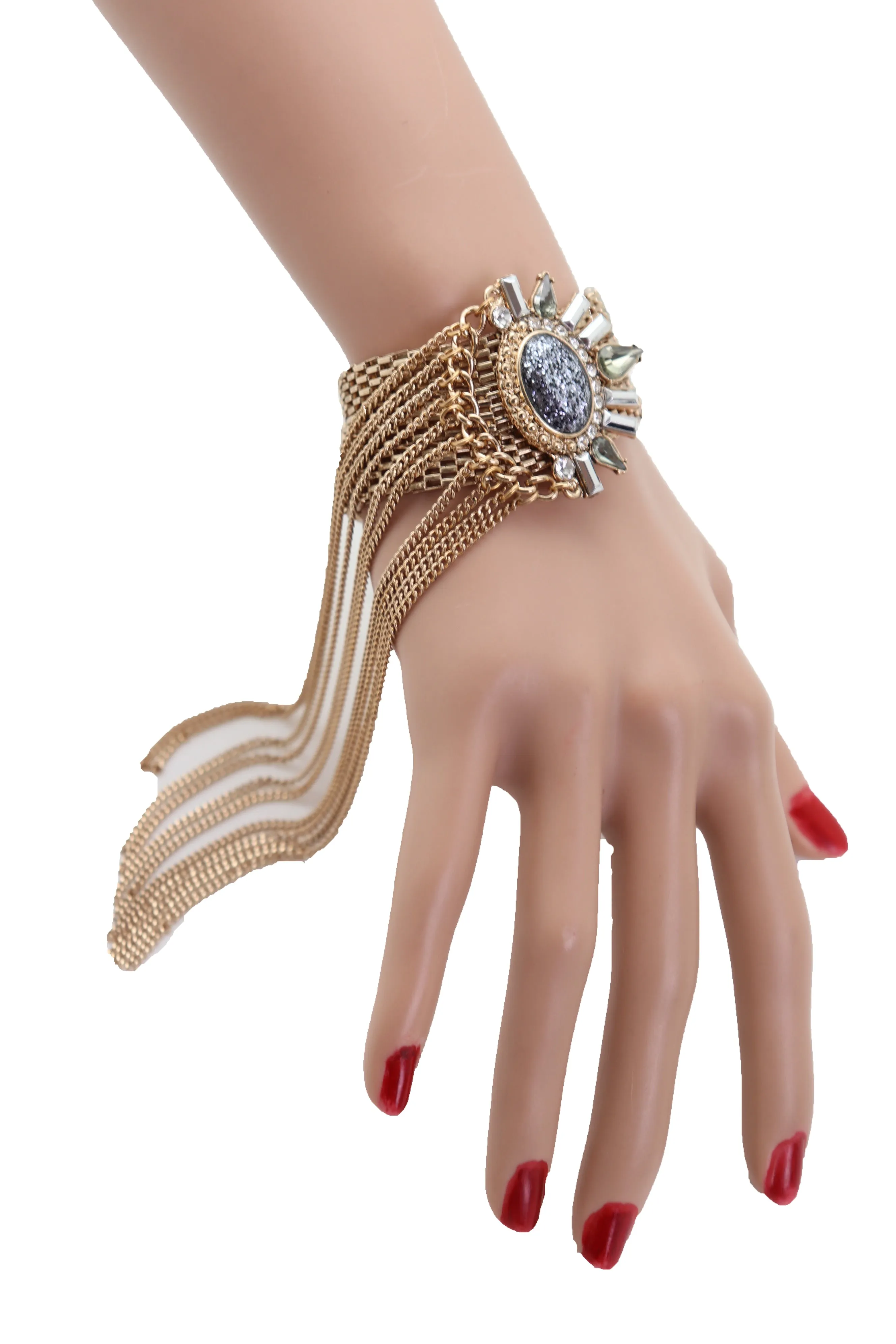Gold Metal Chain Links Long Tassel Bracelet Silver Sun Bling Beads Jewelry