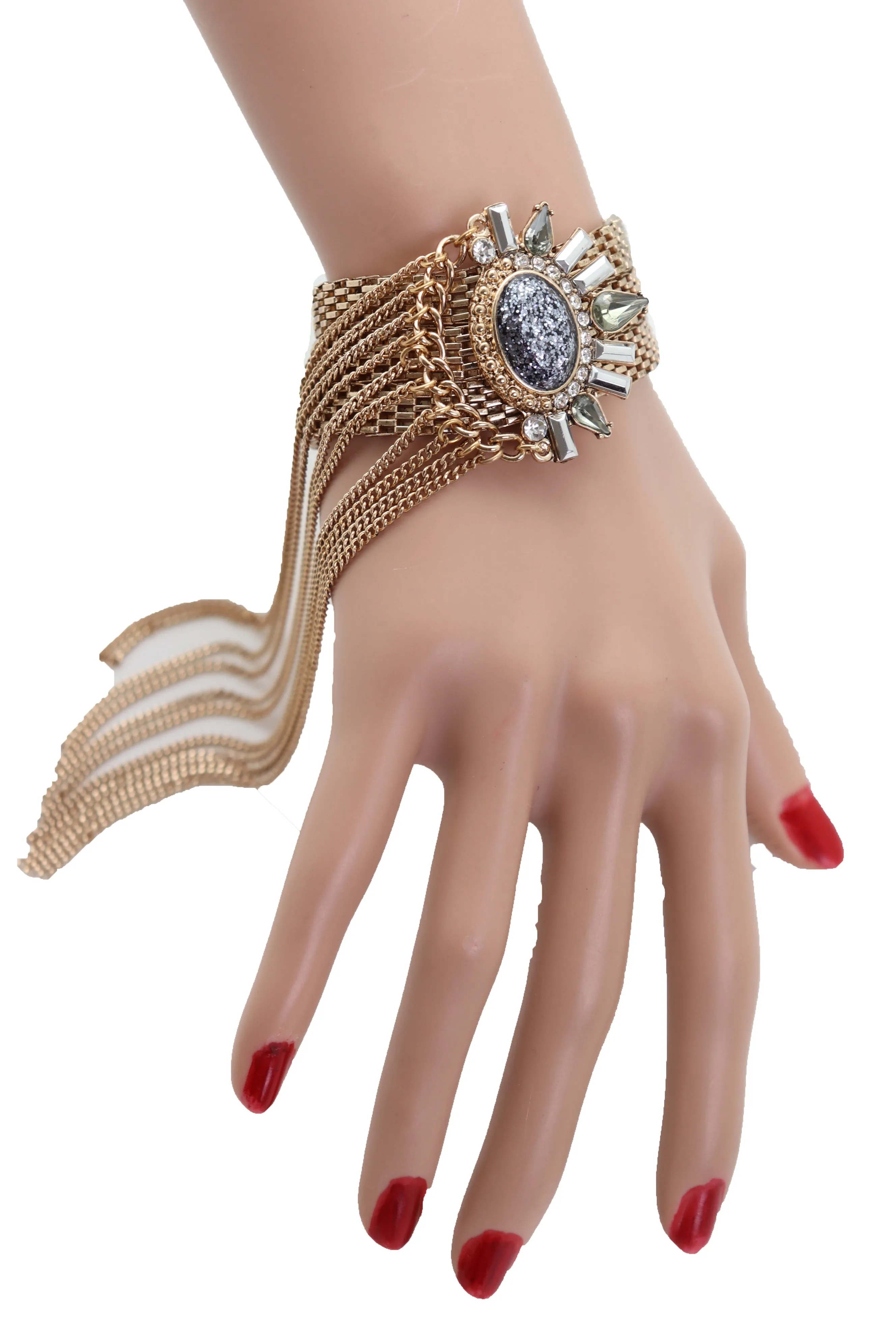 Gold Metal Chain Links Long Tassel Bracelet Silver Sun Bling Beads Jewelry