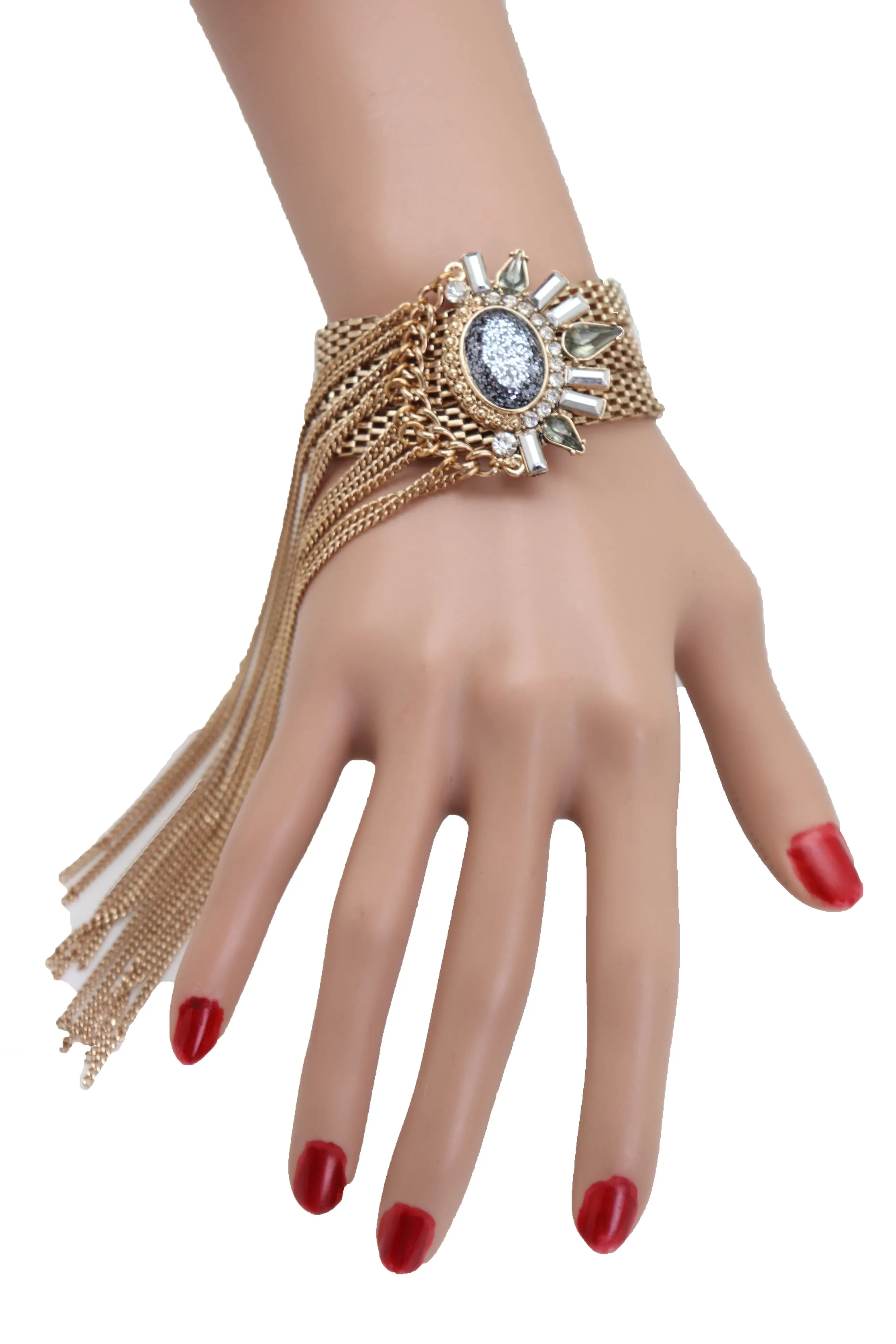 Gold Metal Chain Links Long Tassel Bracelet Silver Sun Bling Beads Jewelry