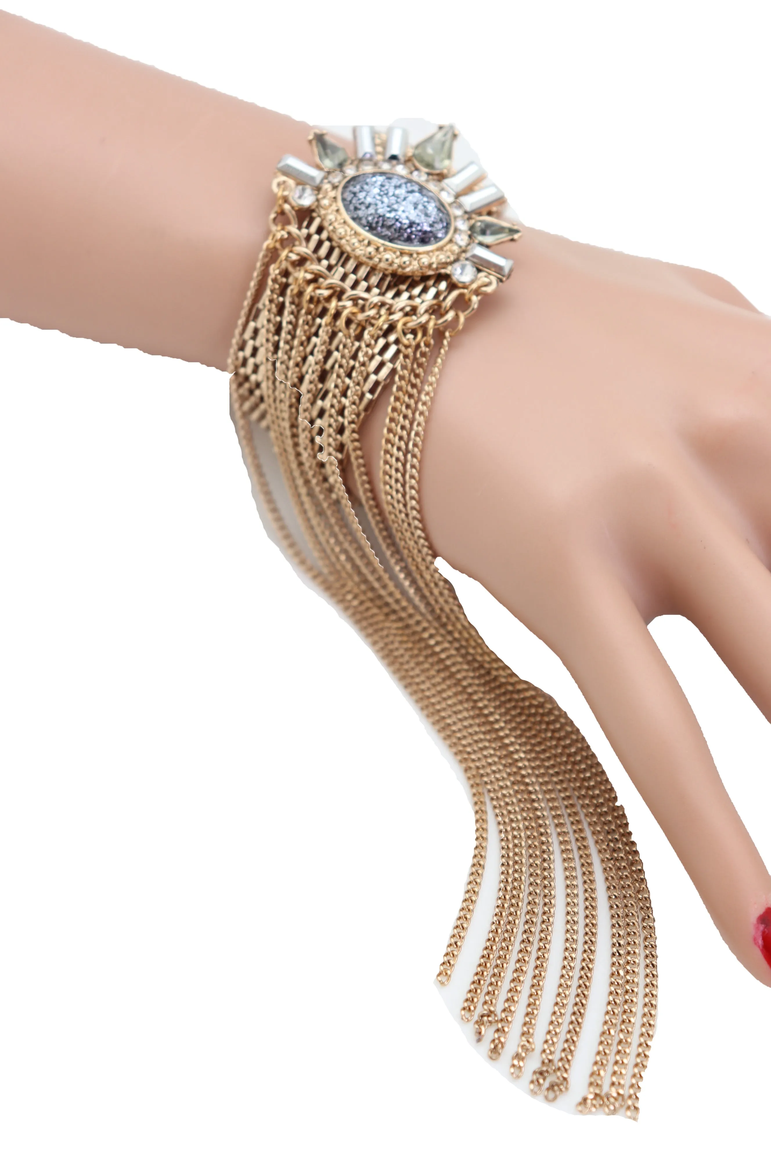 Gold Metal Chain Links Long Tassel Bracelet Silver Sun Bling Beads Jewelry