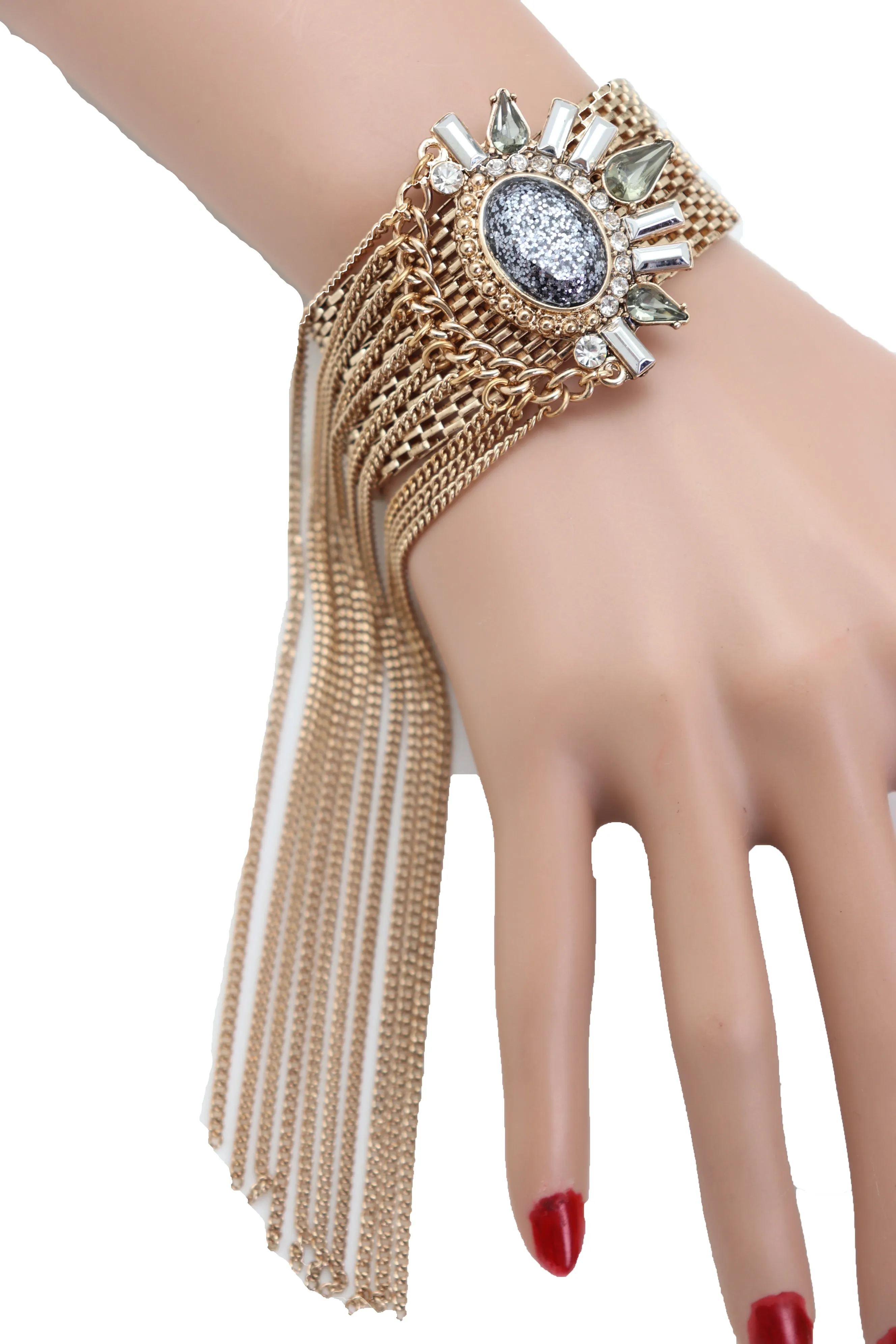 Gold Metal Chain Links Long Tassel Bracelet Silver Sun Bling Beads Jewelry