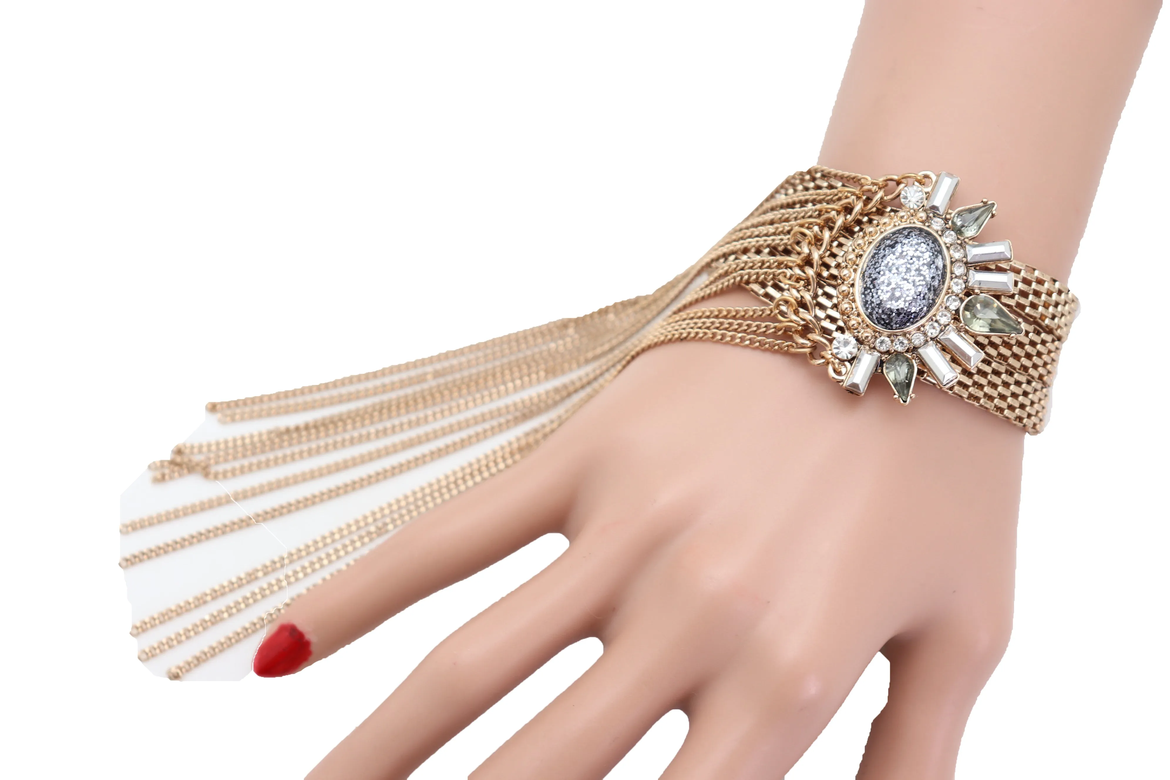 Gold Metal Chain Links Long Tassel Bracelet Silver Sun Bling Beads Jewelry