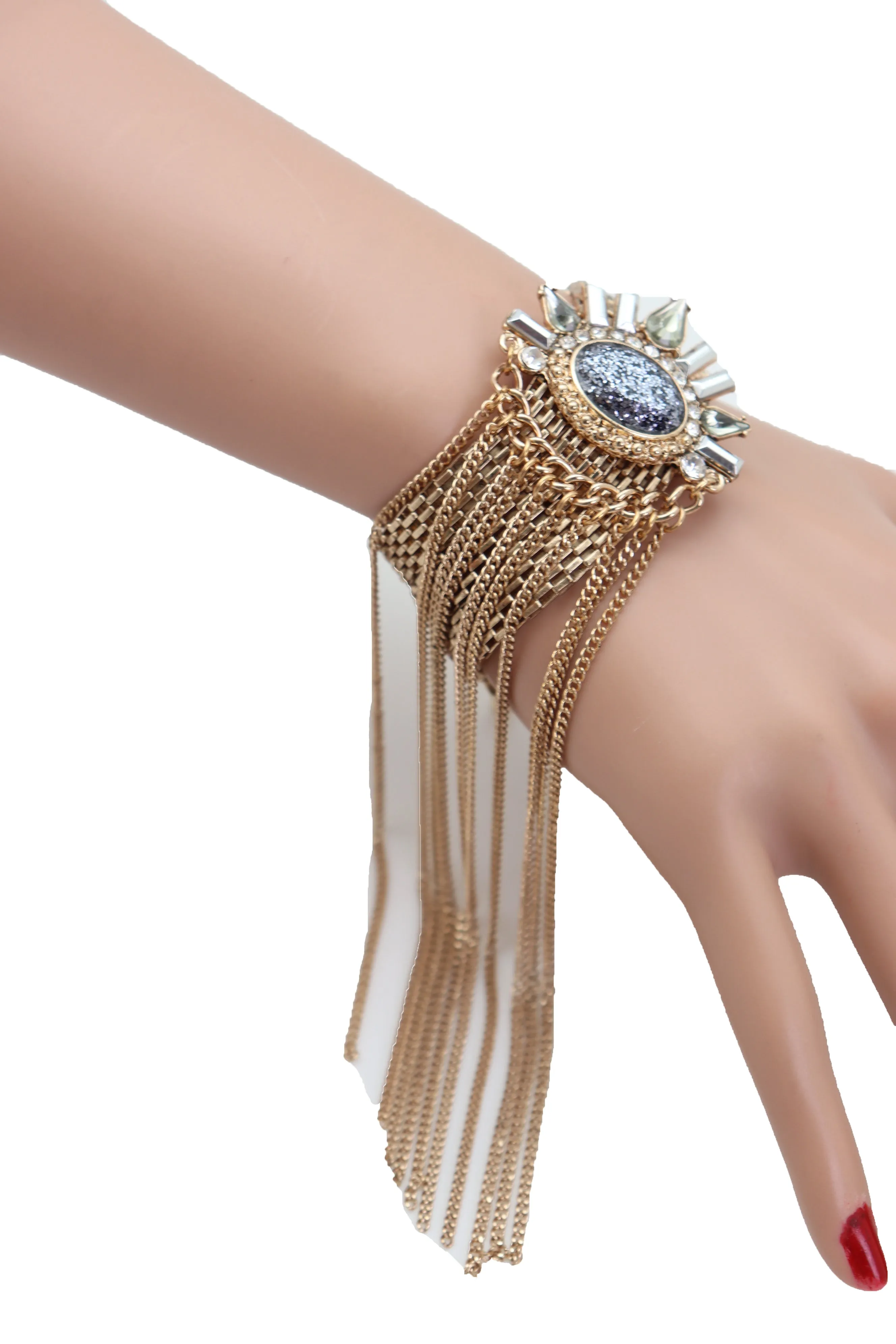 Gold Metal Chain Links Long Tassel Bracelet Silver Sun Bling Beads Jewelry