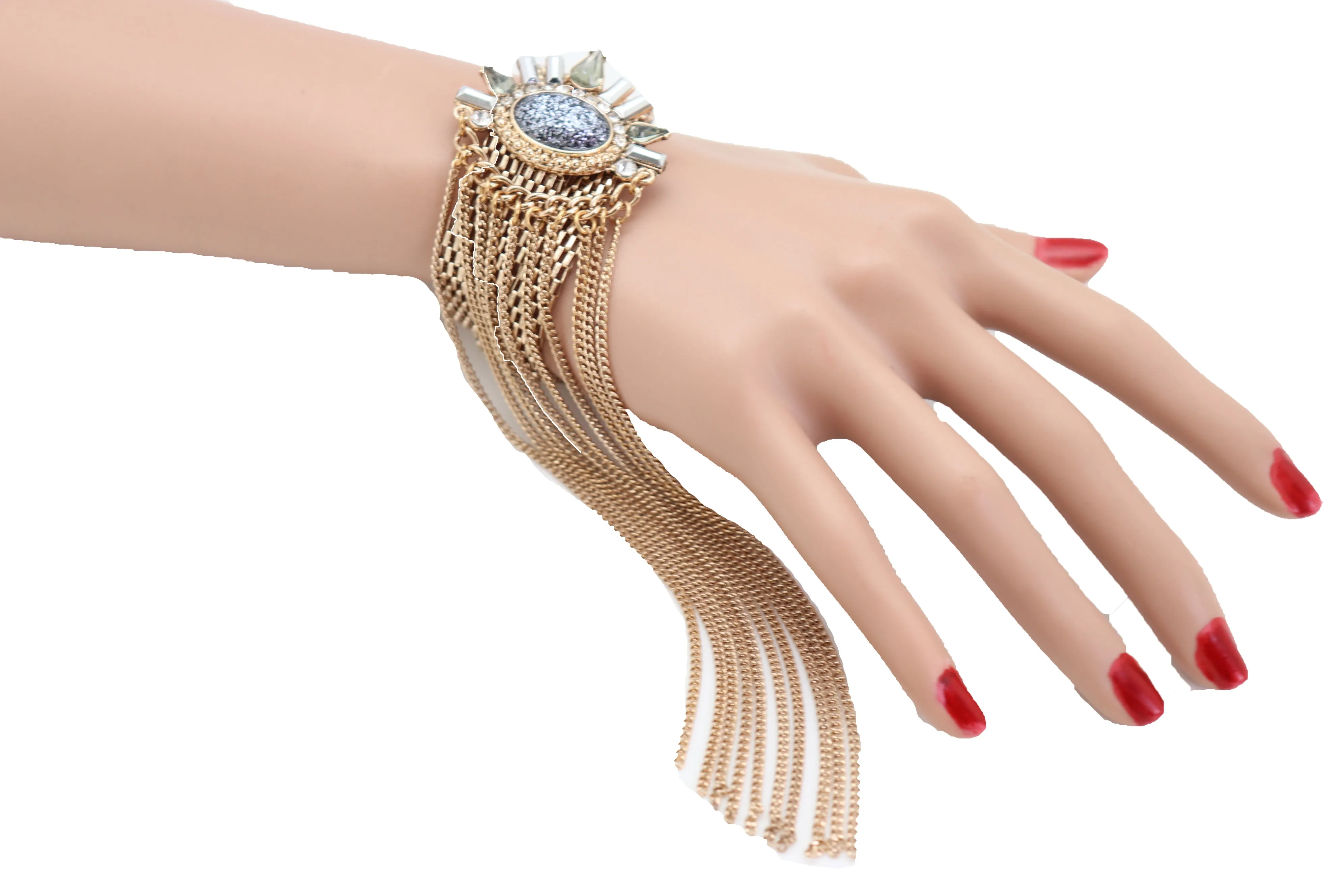 Gold Metal Chain Links Long Tassel Bracelet Silver Sun Bling Beads Jewelry