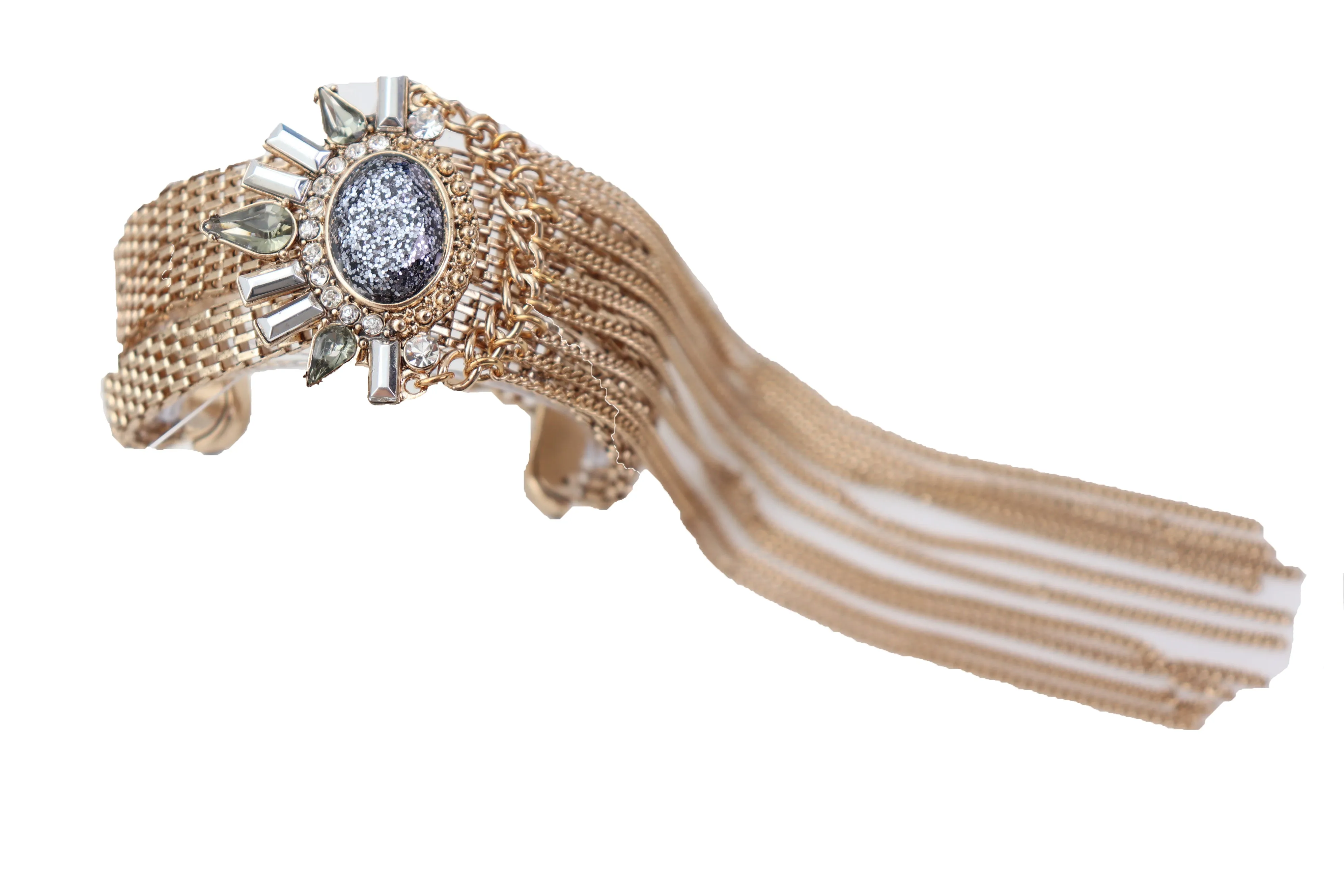 Gold Metal Chain Links Long Tassel Bracelet Silver Sun Bling Beads Jewelry