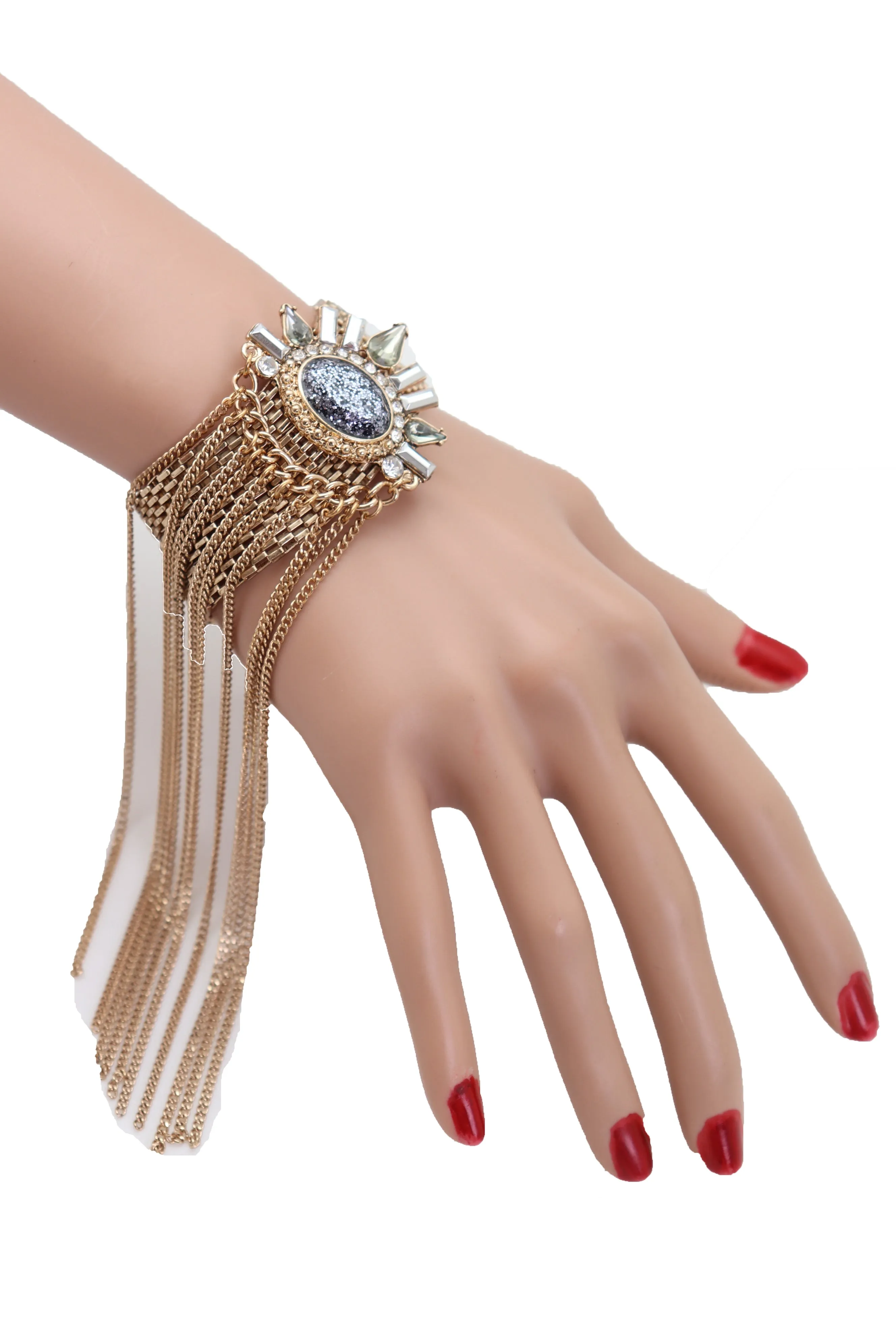 Gold Metal Chain Links Long Tassel Bracelet Silver Sun Bling Beads Jewelry