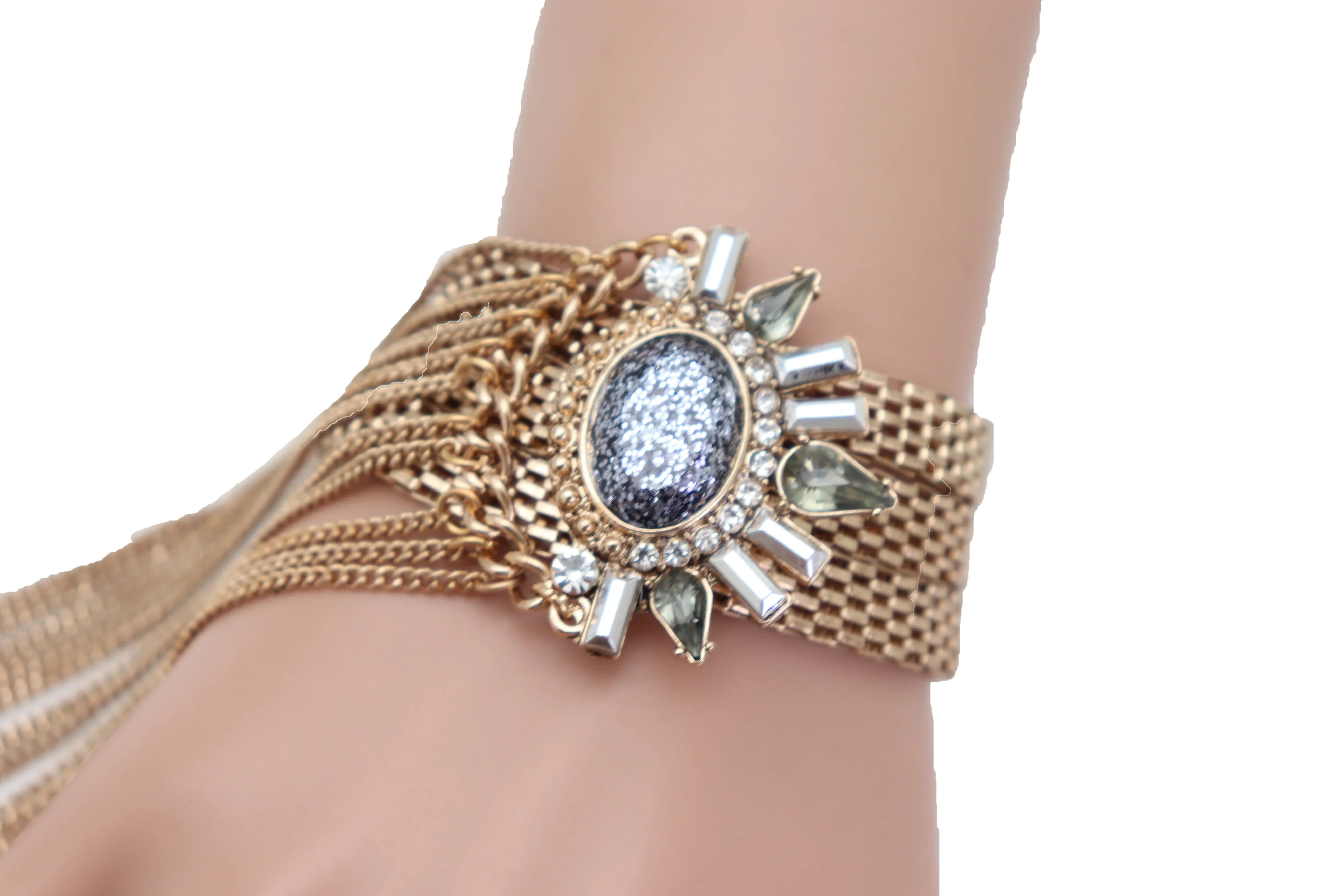 Gold Metal Chain Links Long Tassel Bracelet Silver Sun Bling Beads Jewelry