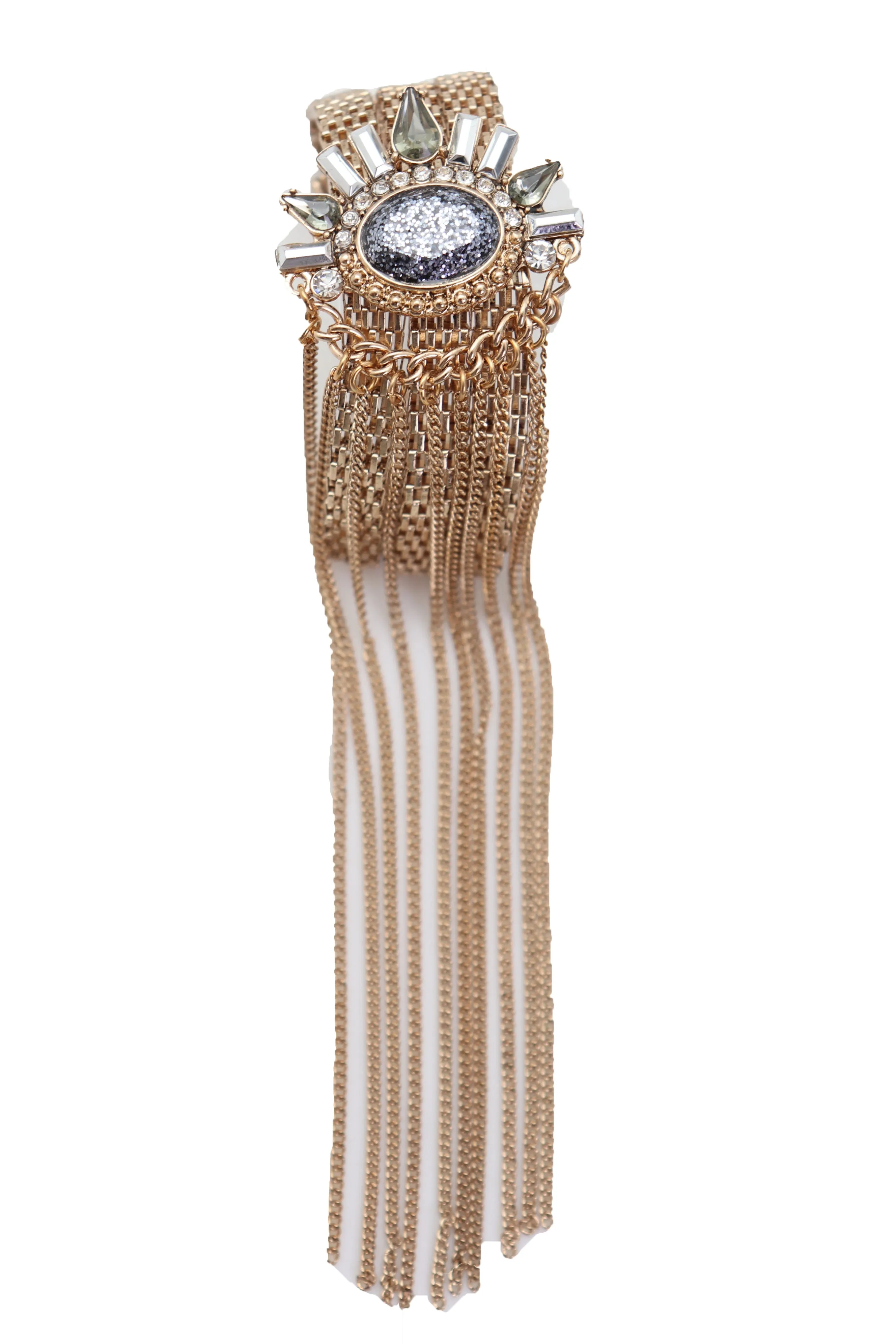Gold Metal Chain Links Long Tassel Bracelet Silver Sun Bling Beads Jewelry