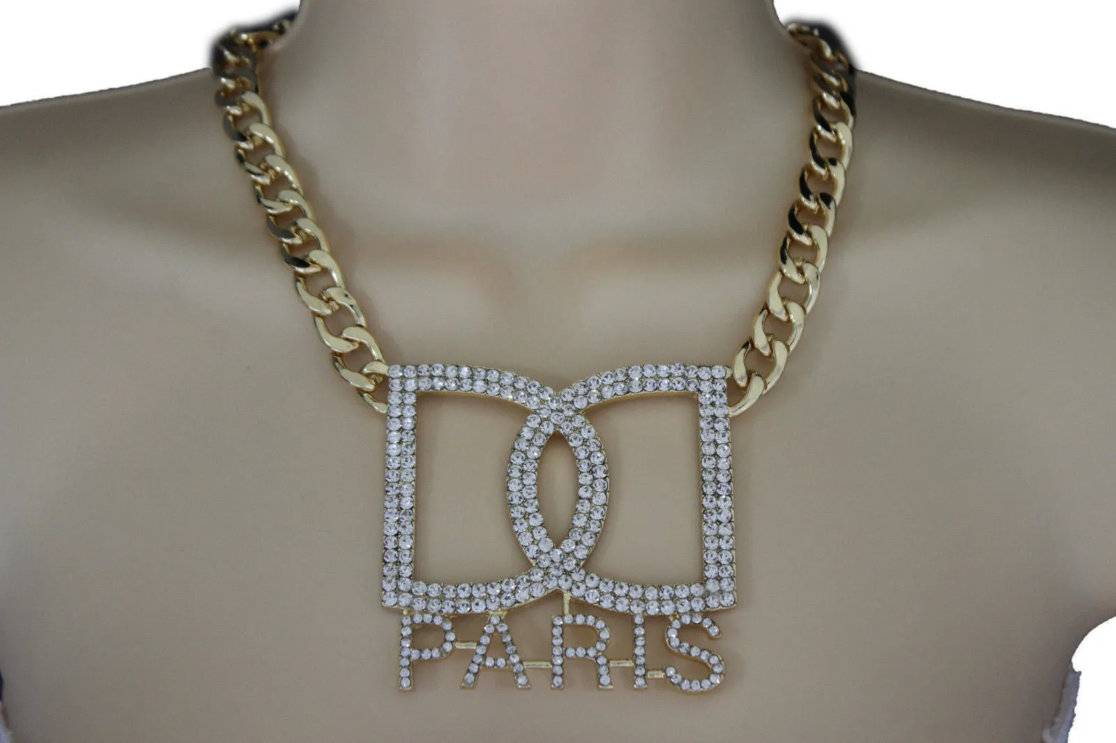 Gold Metal Chains Big D Hand Cuffs Paris Charm Short Necklace