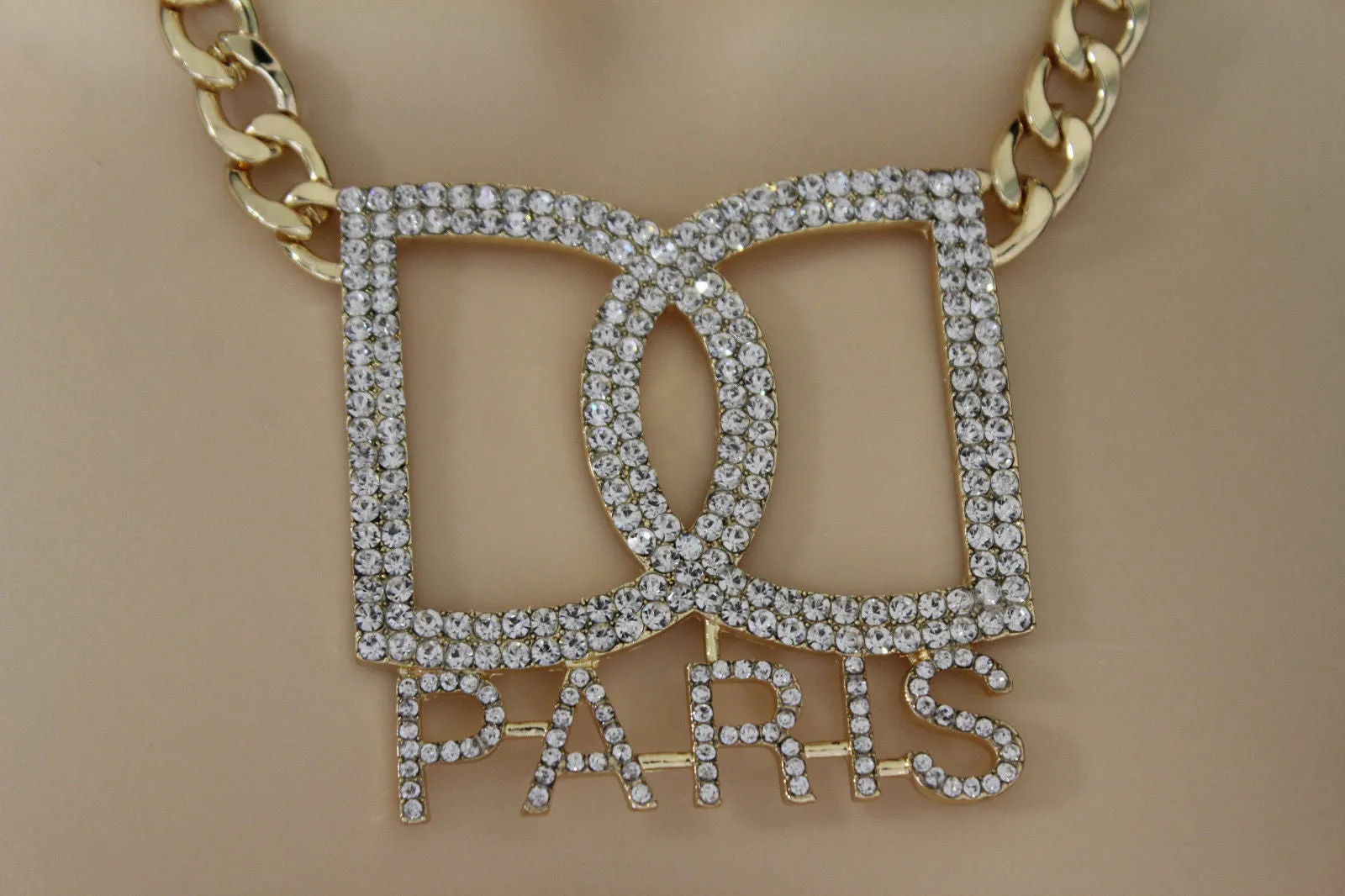 Gold Metal Chains Big D Hand Cuffs Paris Charm Short Necklace