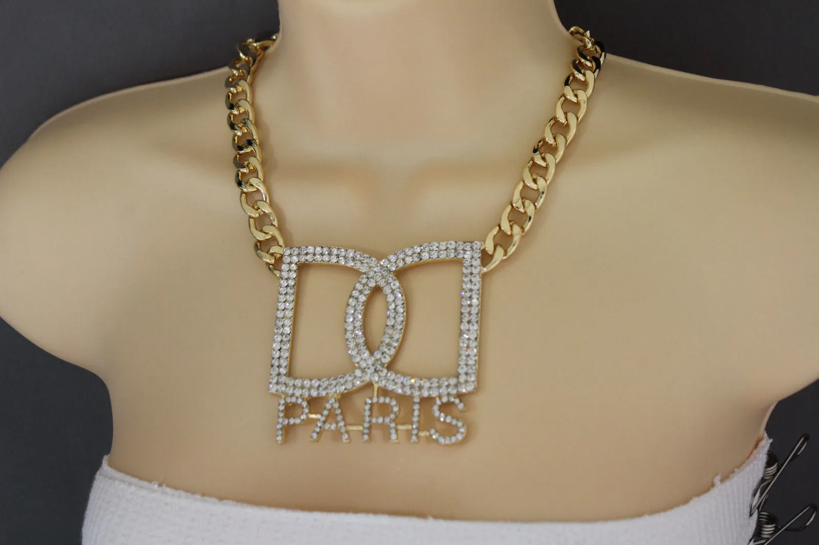 Gold Metal Chains Big D Hand Cuffs Paris Charm Short Necklace