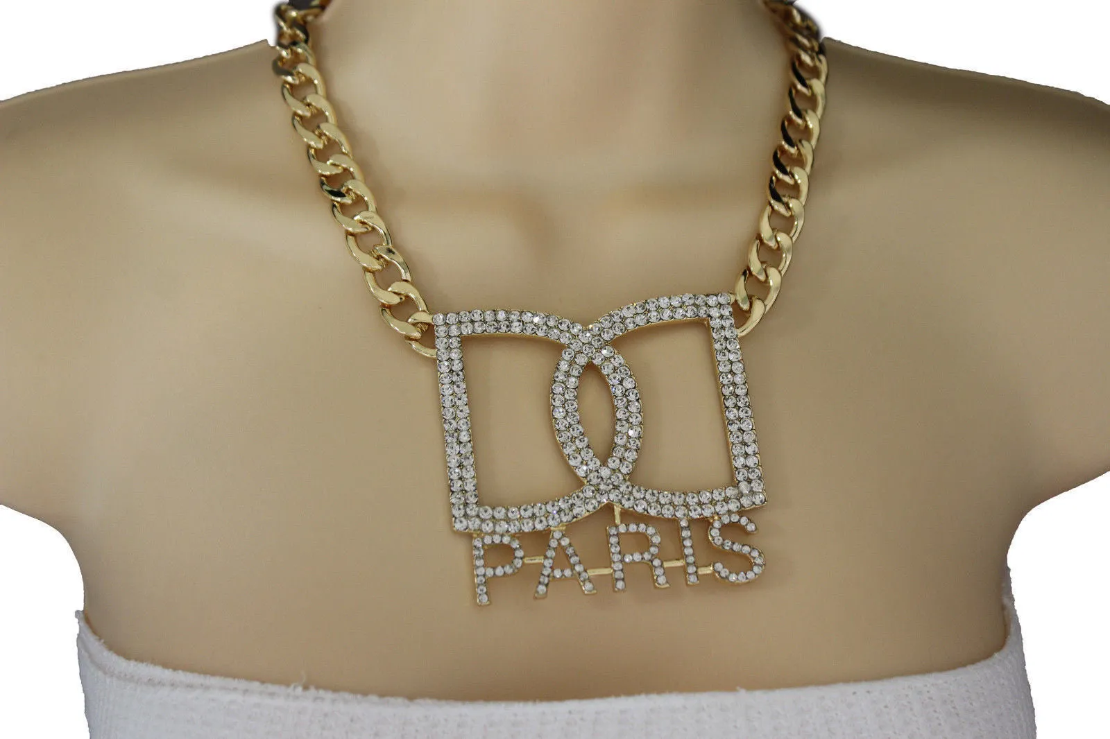 Gold Metal Chains Big D Hand Cuffs Paris Charm Short Necklace